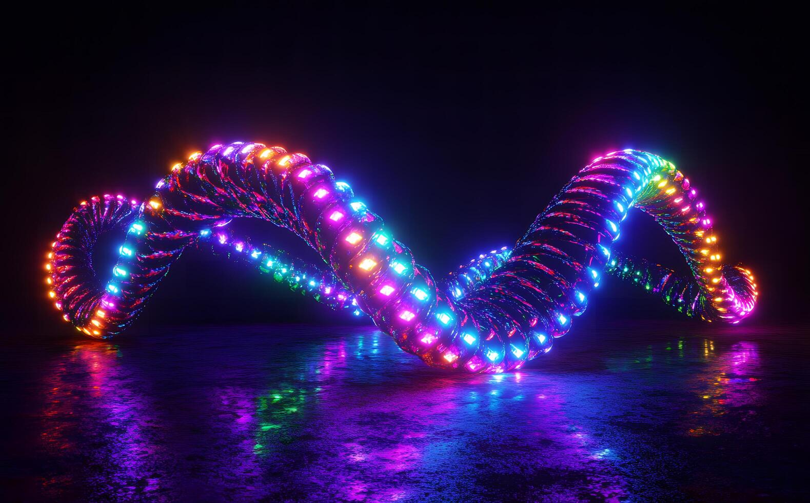 Colorful lightemitting diode lights illuminate a wavy reflective structure against a dark background, creating a vibrant scene photo