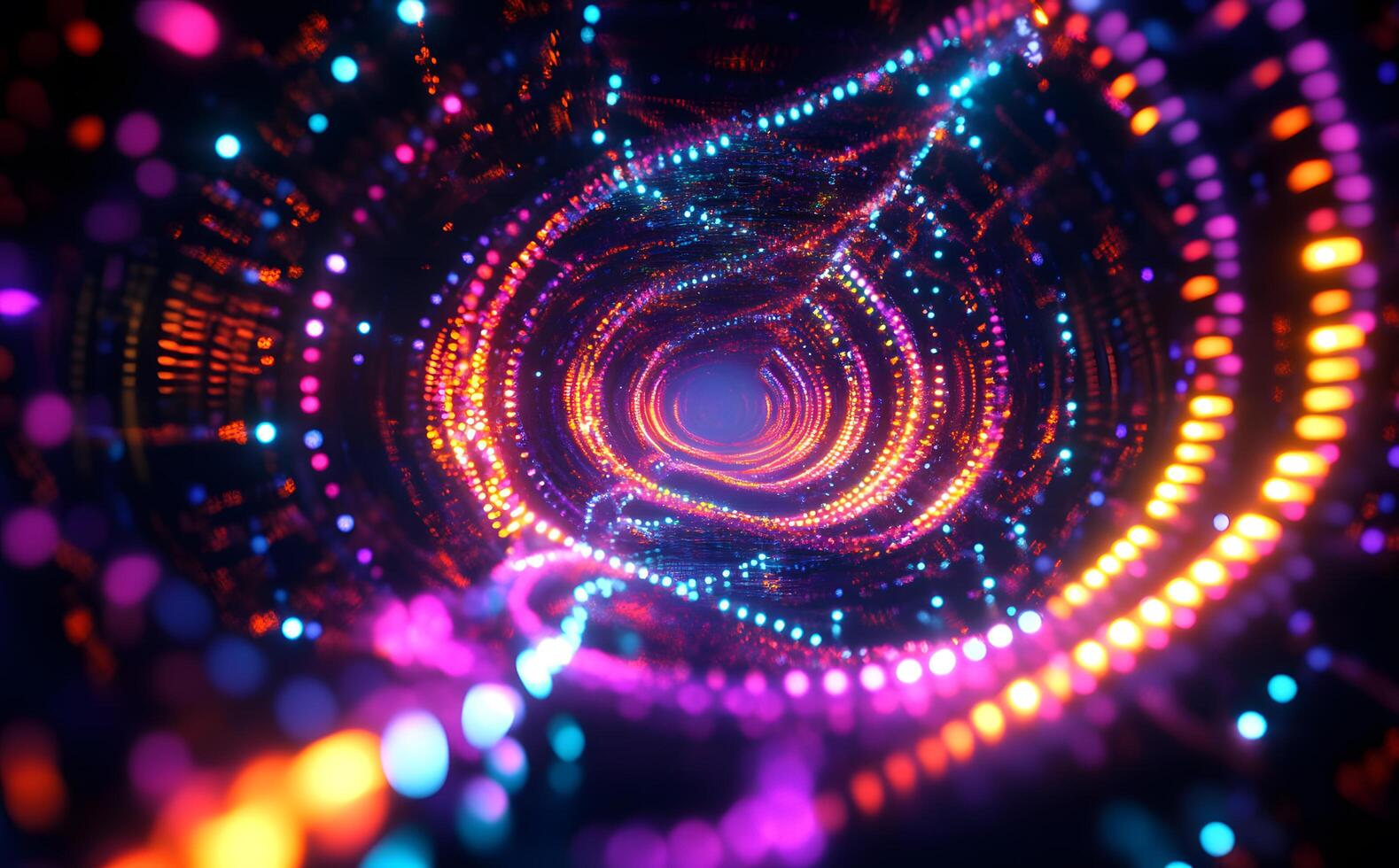 An abstract tunnel of glowing dots recedes into a central point of deep color photo