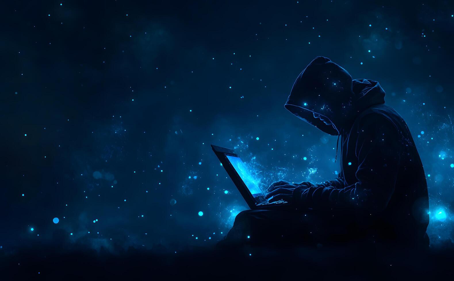 Person in a dark hoodie types on a glowing laptop in cosmic blue space photo