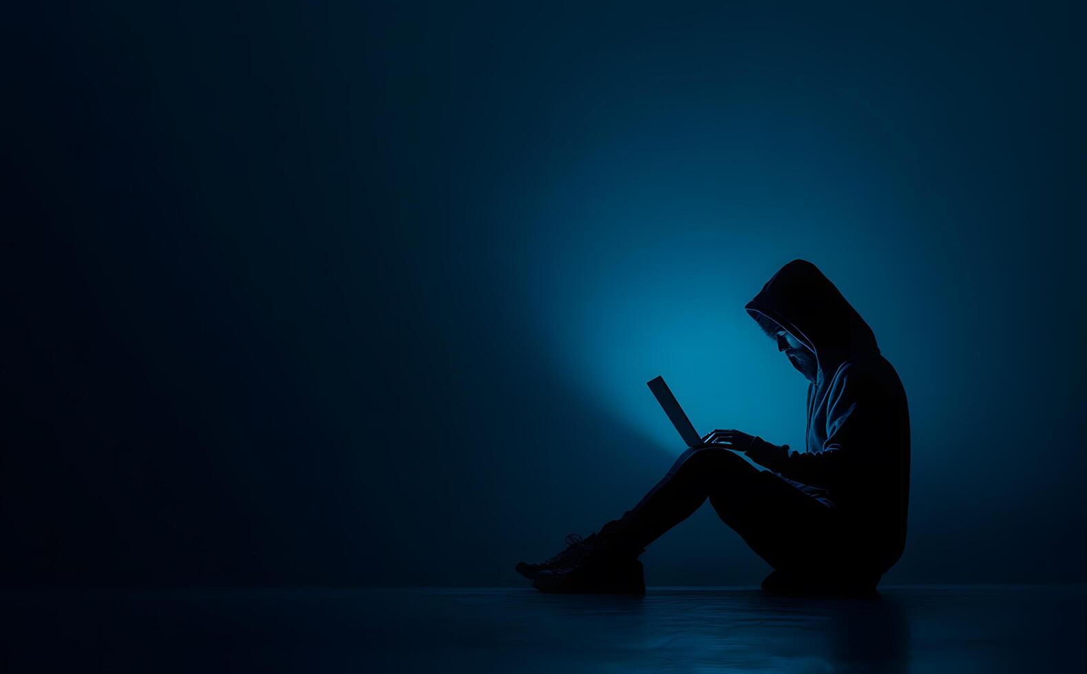 Man in hoodie silhouette sits and uses laptop against a deep blue background photo