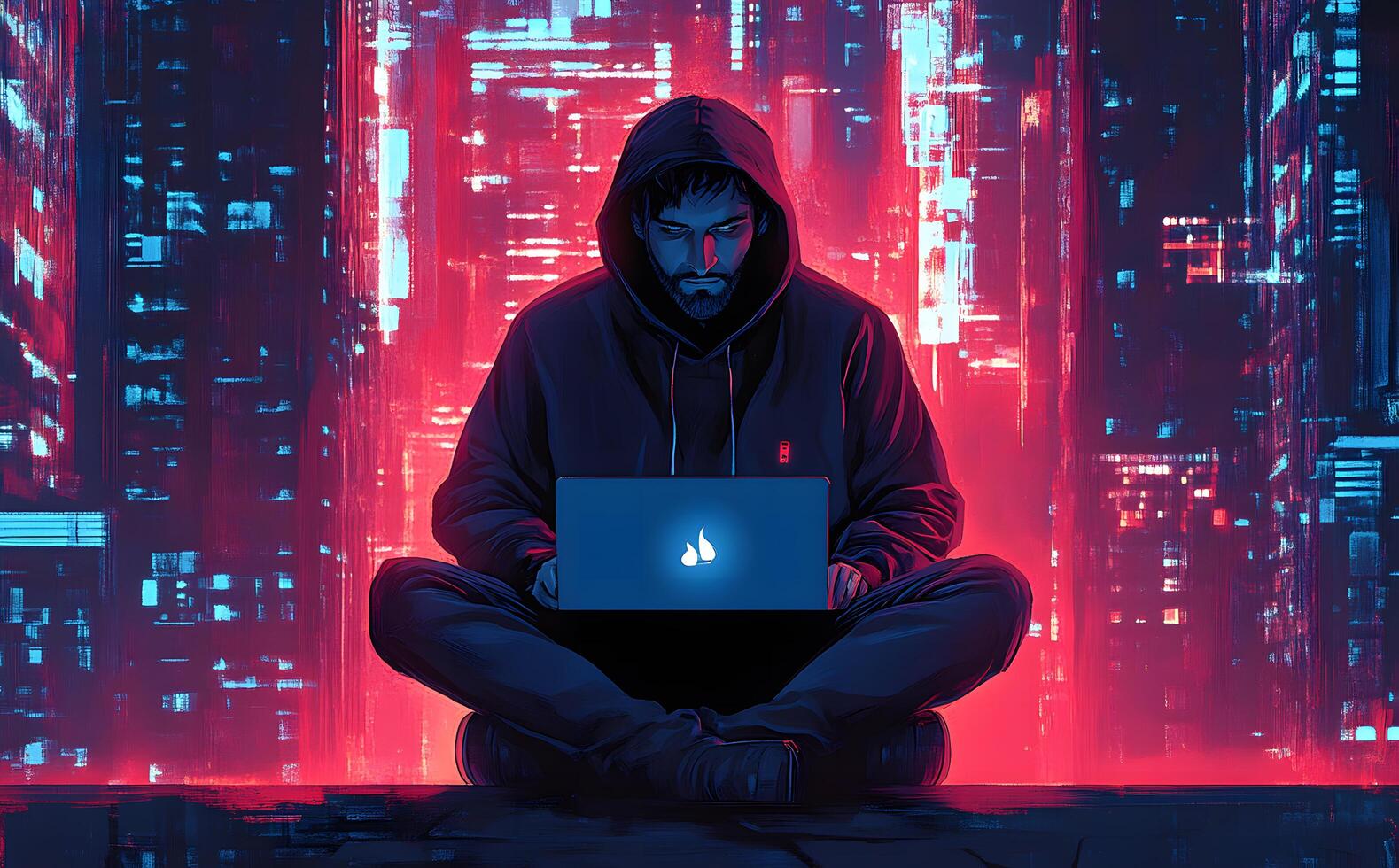 A hooded man of color sits with crossed legs using a glowing laptop device photo