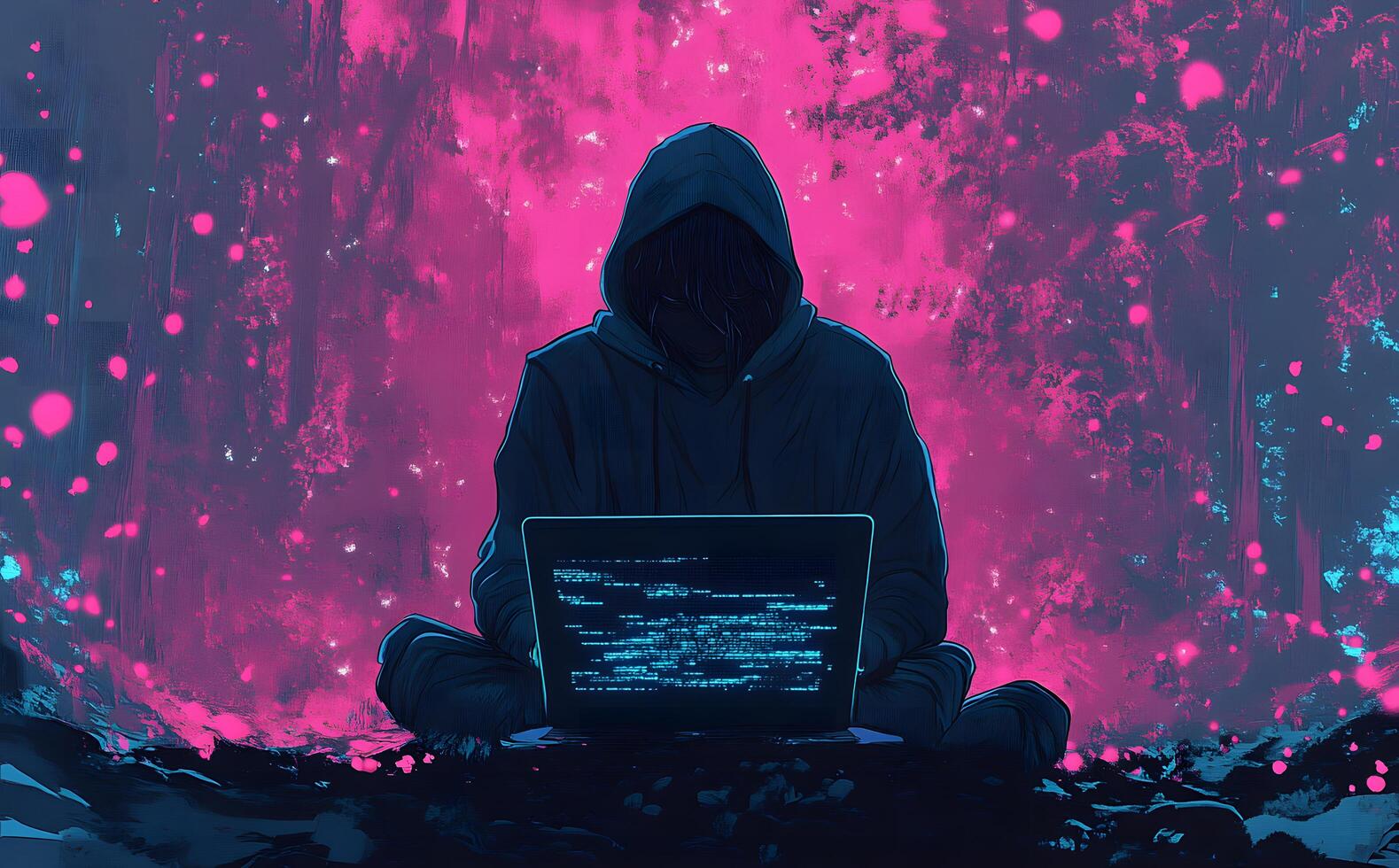 Hooded figure coding on laptop before a vibrant pink and blue abstract background photo