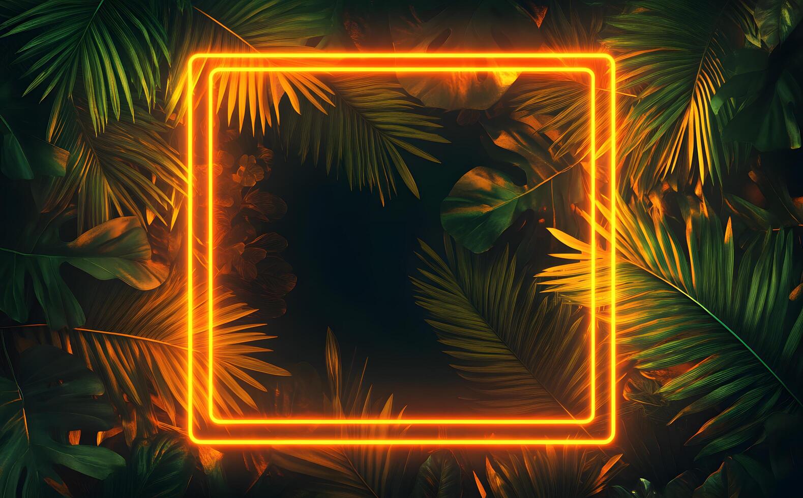 Neon orange square border surrounded by tropical green leaves provides striking contrast photo