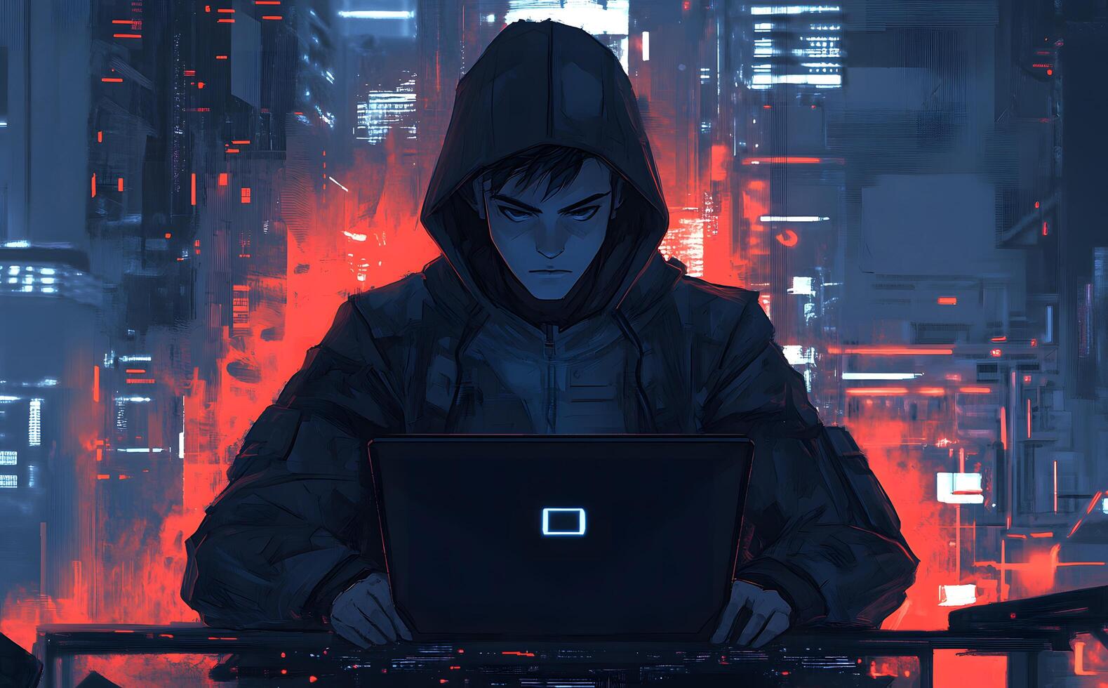 Focused Asian programmer wearing a hoodie works at night in a futuristic cityscape photo