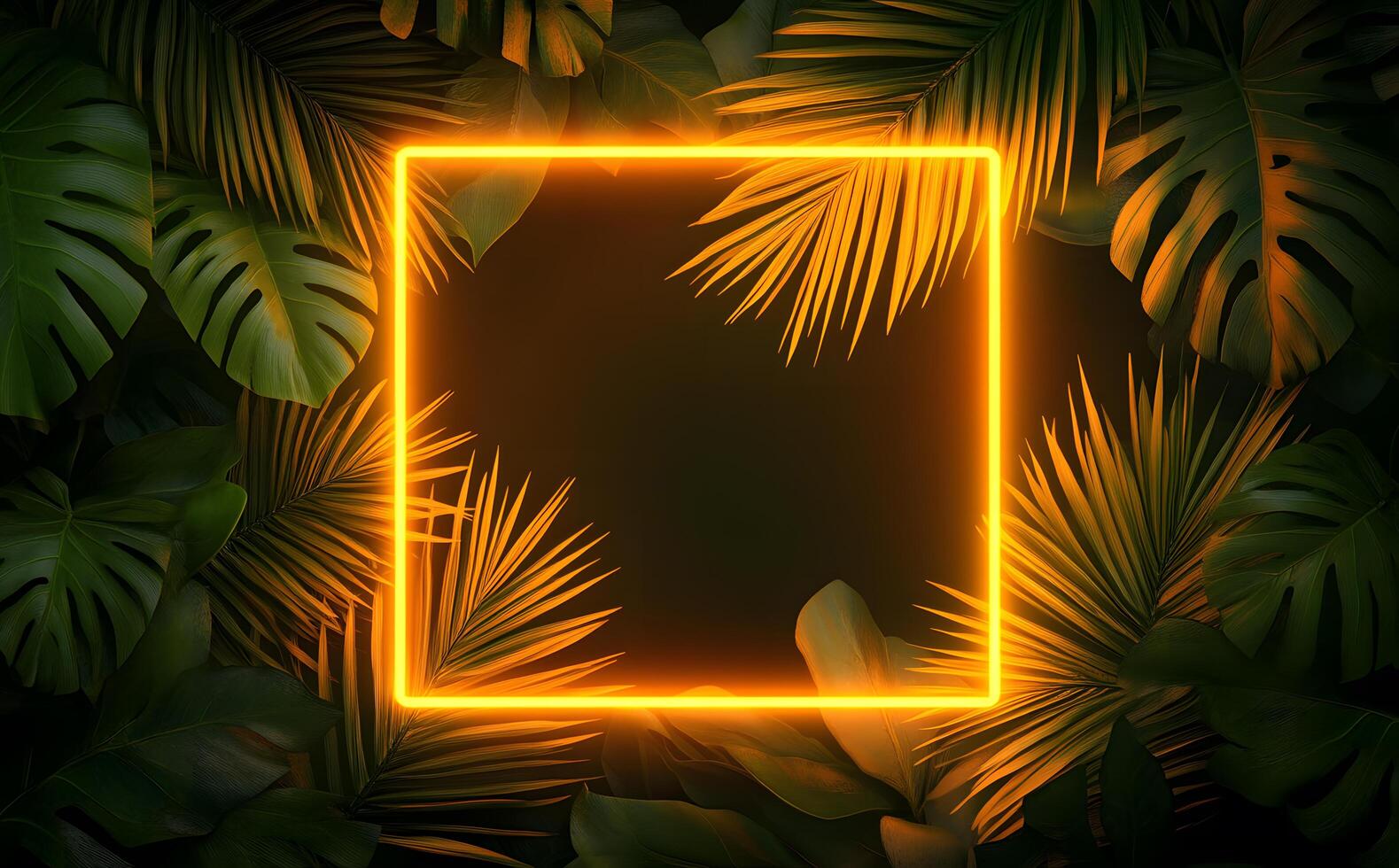 A vibrant golden neon square is surrounded by lush green tropical foliage photo