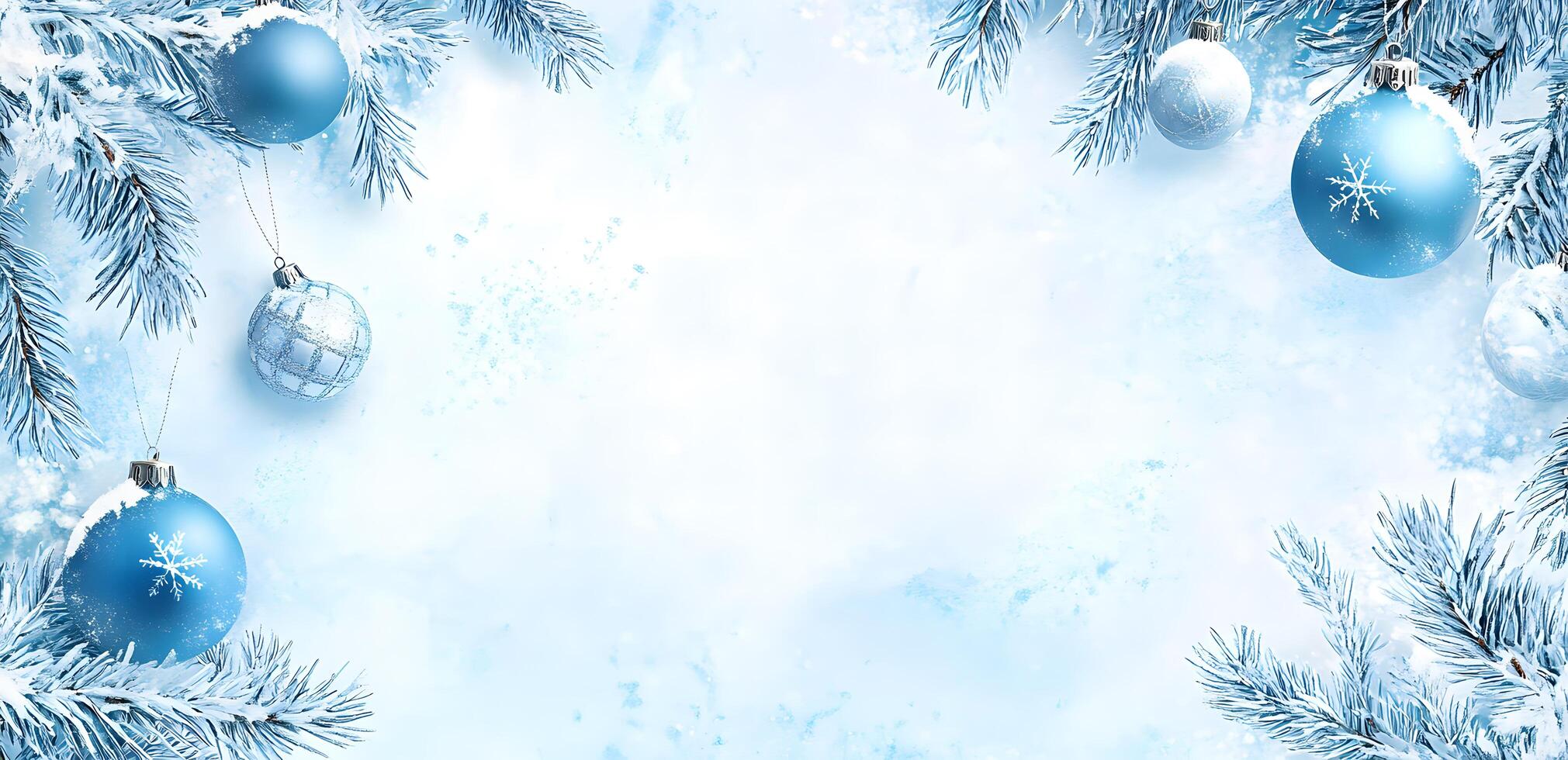 Snow covered branches create an elegant frame with hanging Christmas ornaments that sparkle photo