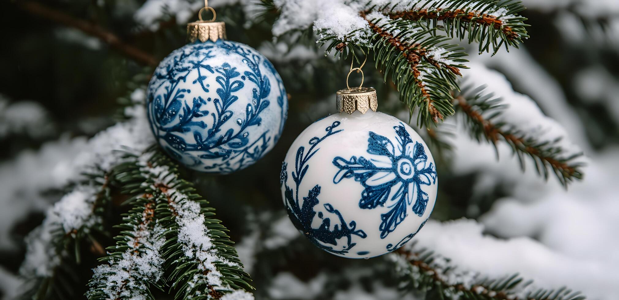 Snowdusted evergreen boughs display two white ornaments painted with intricate blue designs, adding beauty photo