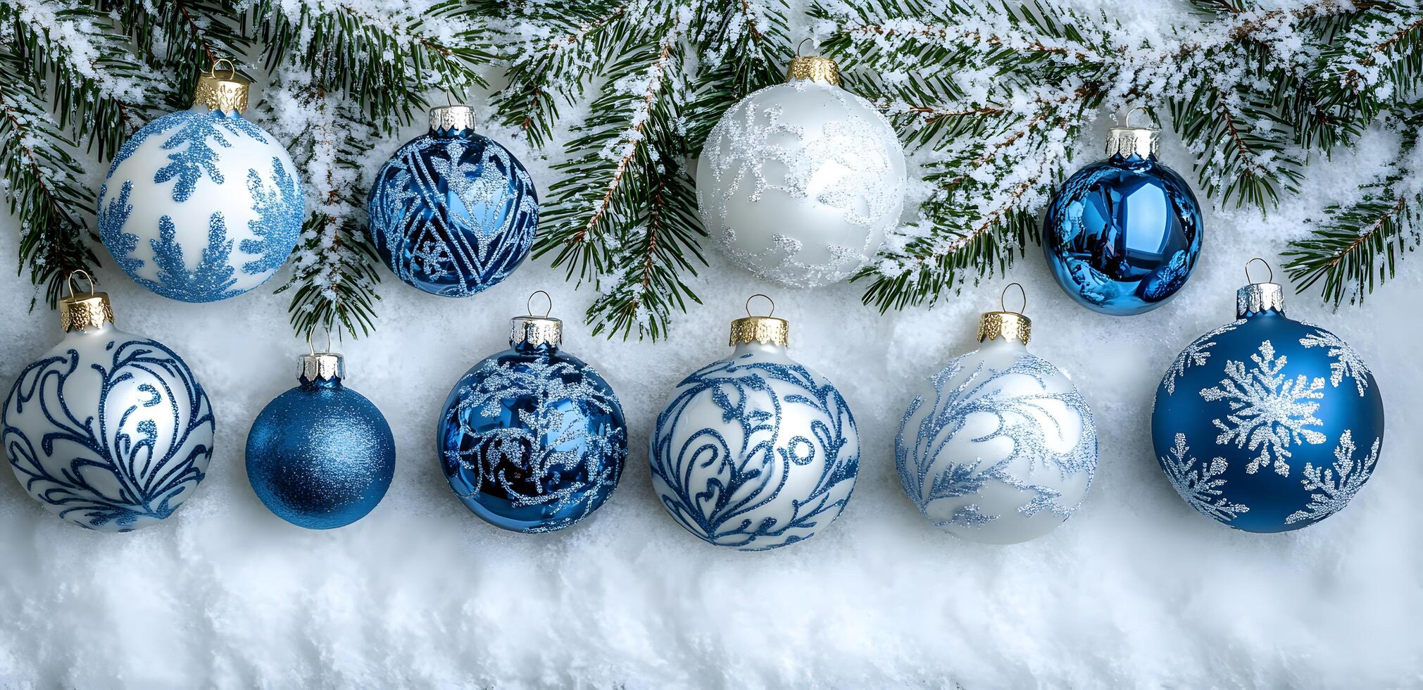Ten assorted blue and white Christmas ornaments are lying on top of fluffy white snow photo