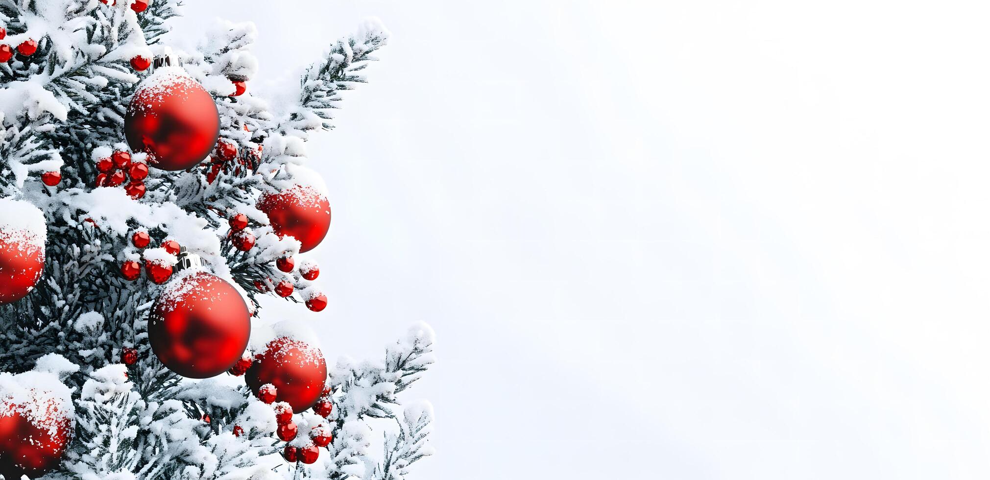 Snow covered fir branch adorned with red ball ornaments creates a festive winter scene photo