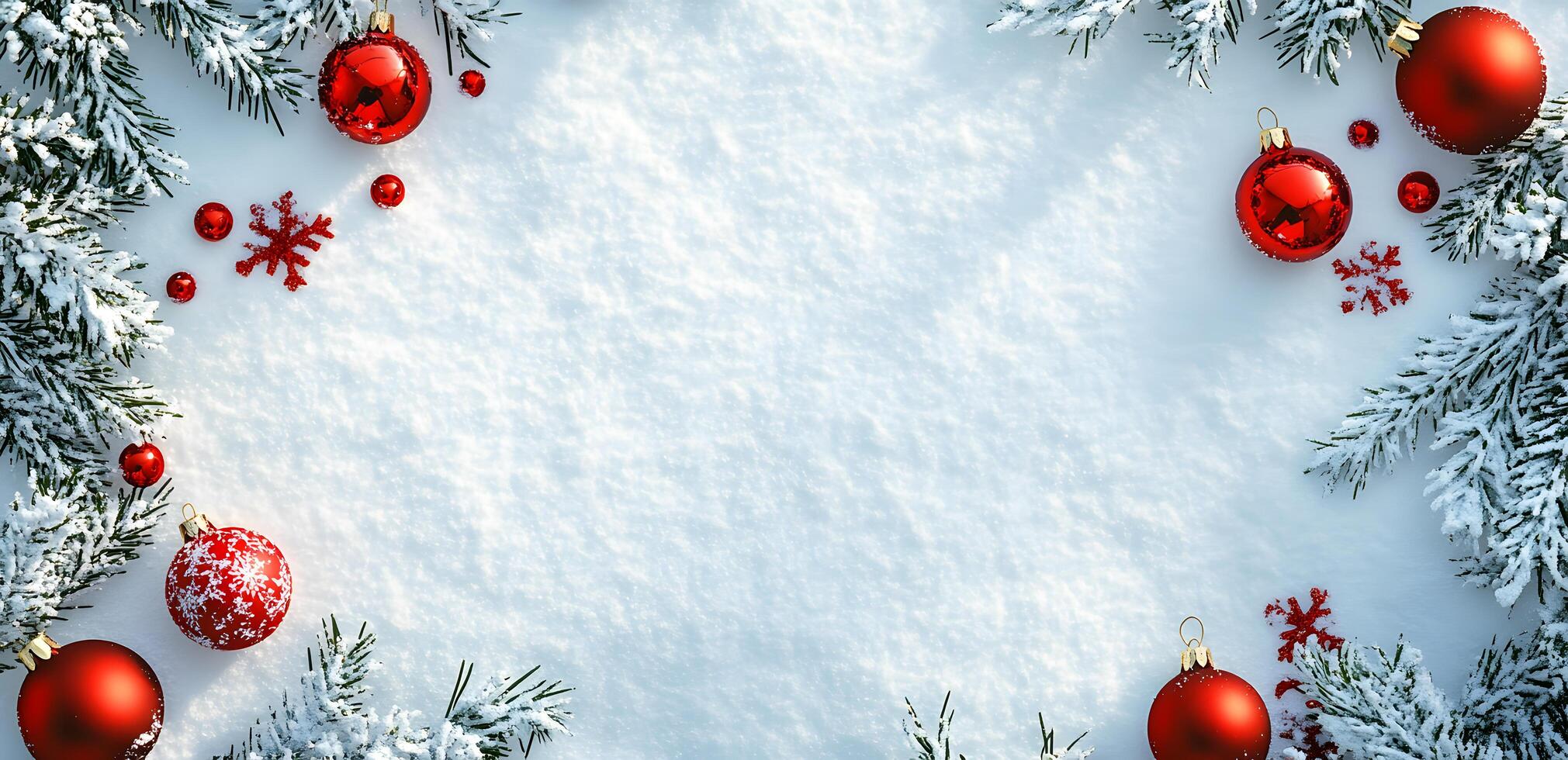 Snowcovered pine branches and red Christmas ornaments are scattered attractively on a white surface photo