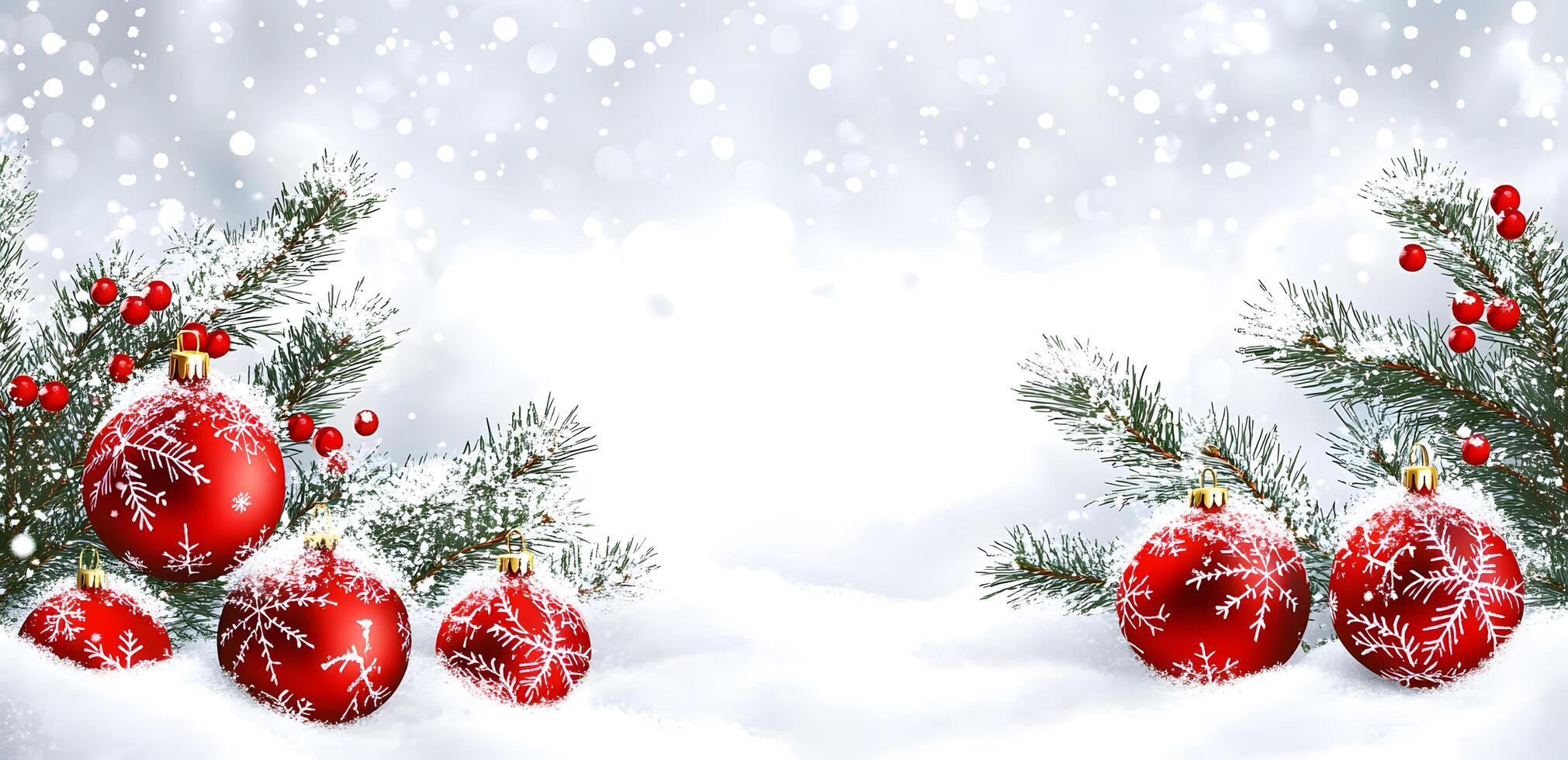 Red Christmas ornaments shine with snowflake designs nestled among snowcovered fir branches on a bright winter day photo