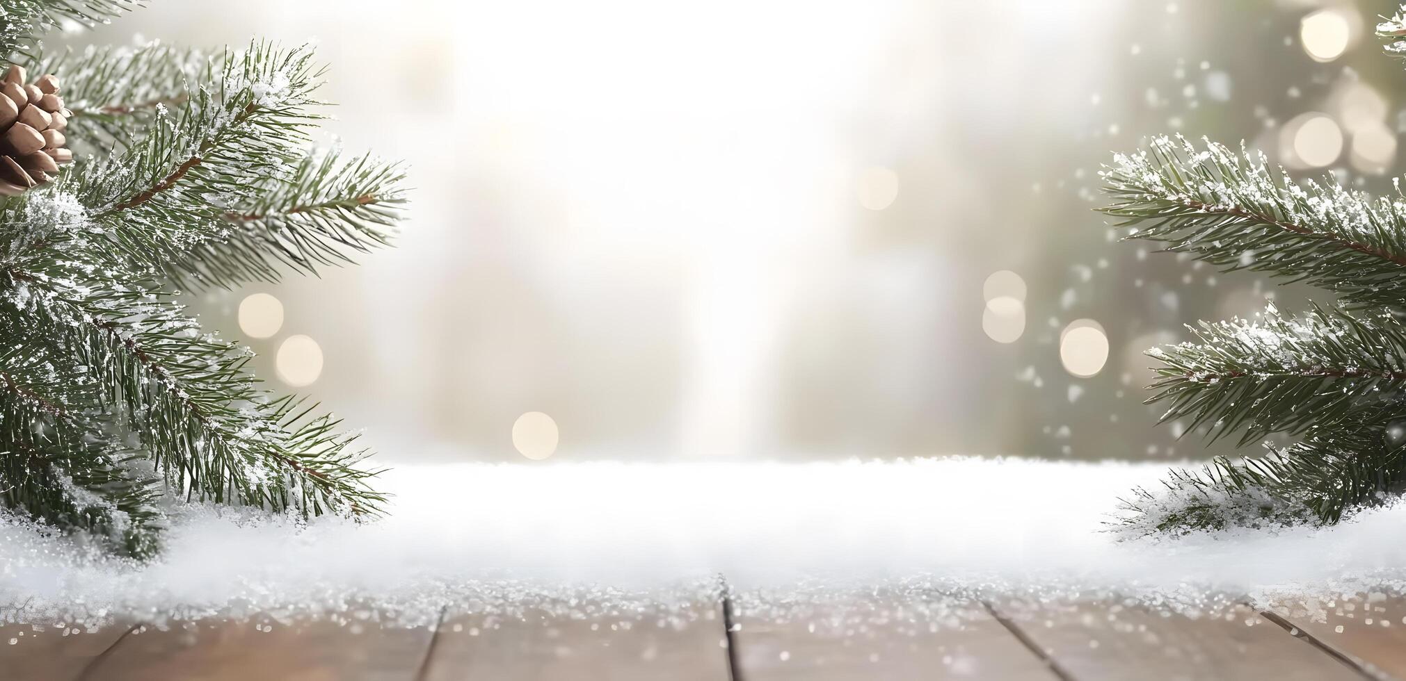 Snow covered spruce branches with pine cone on wooden surface provide winter holiday atmosphere photo