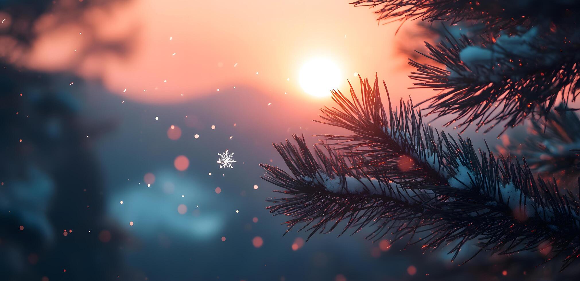 Snow rests on wintry pine branch as sun glows warmly behind soft snowfall photo