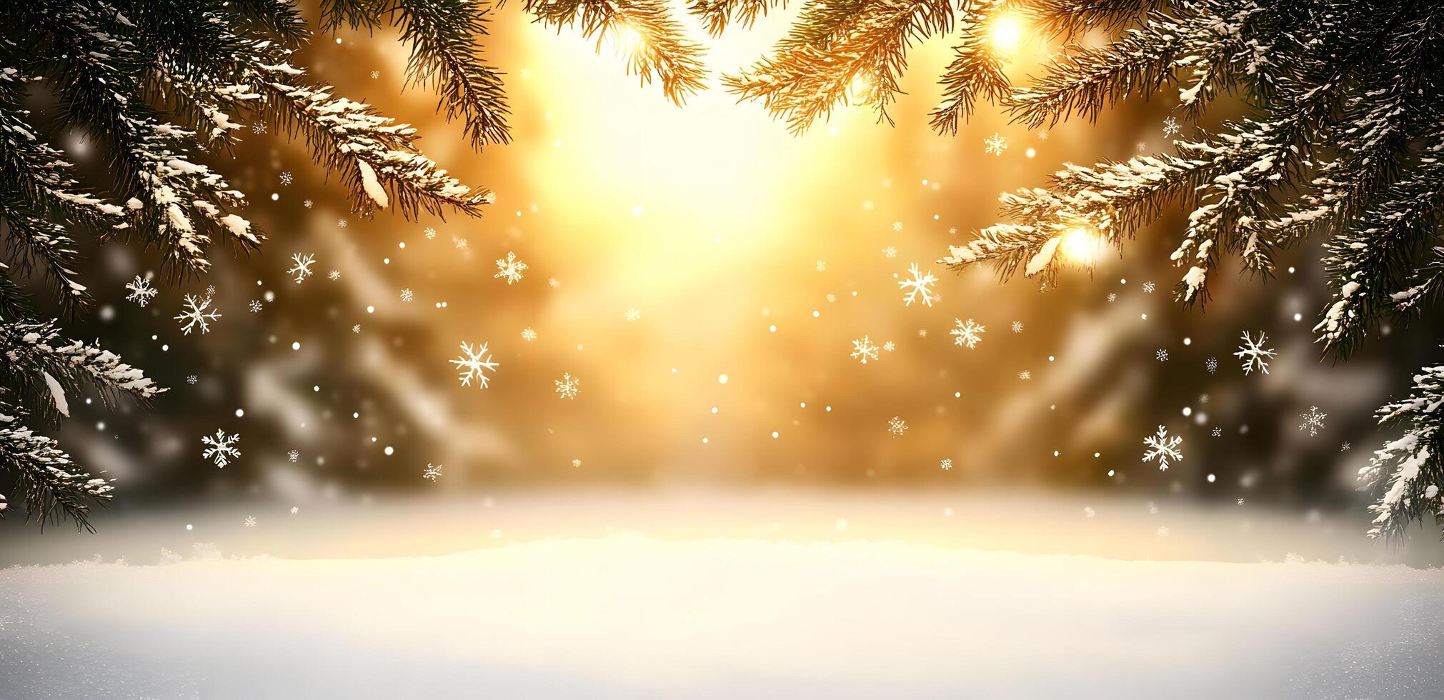 Snowflakes gently fall on snow covered fir branches in golden light creating a winter scene photo
