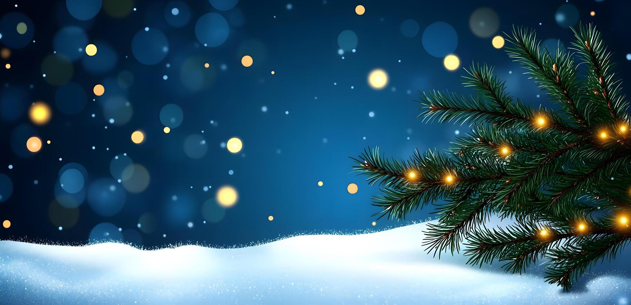 Illuminated evergreen boughs decorate a snowy hillside against a dark bokeh and blue background photo