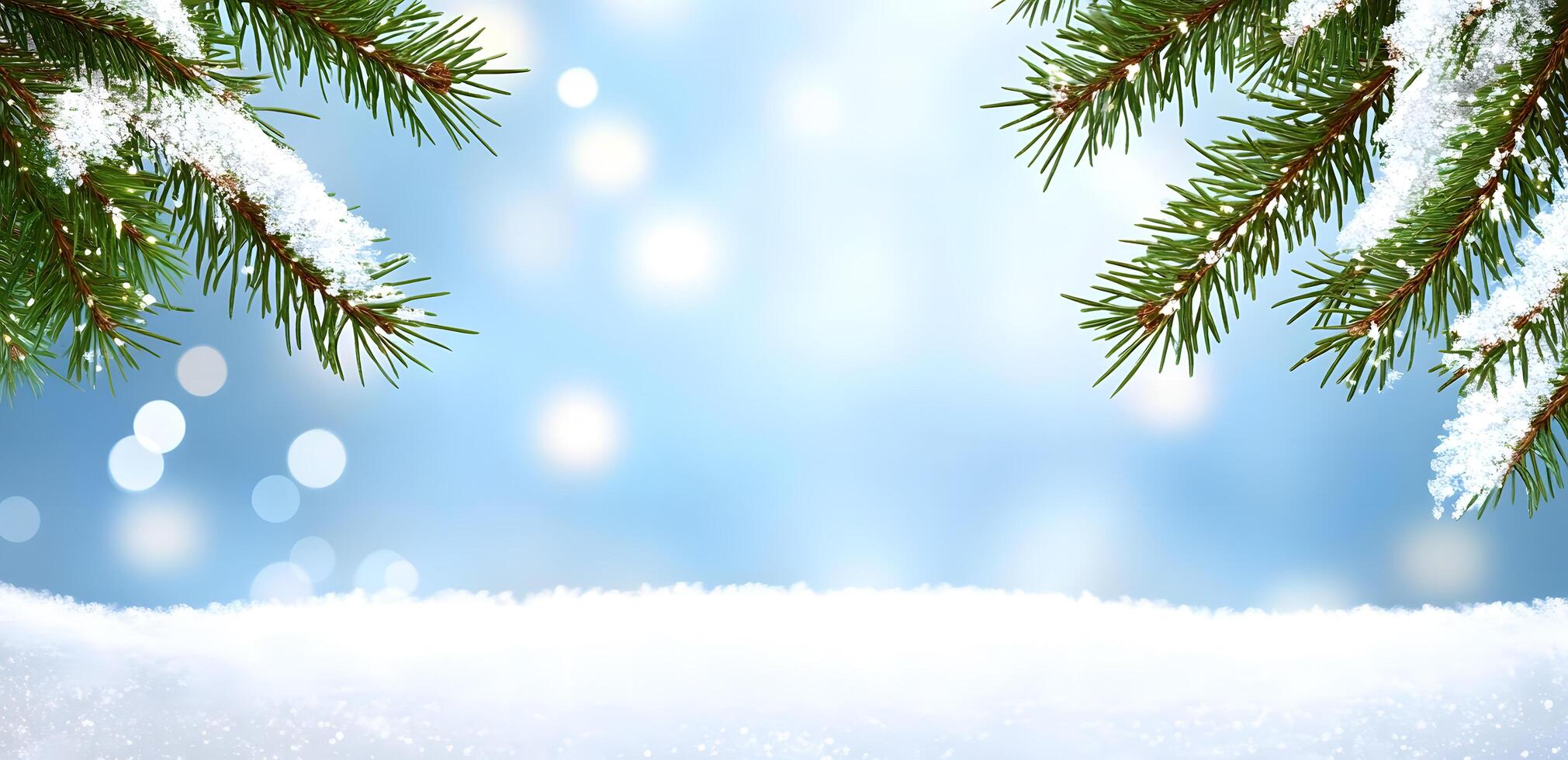 Snow laden fir branches frame a serene light blue sky with soft bokeh lights photo