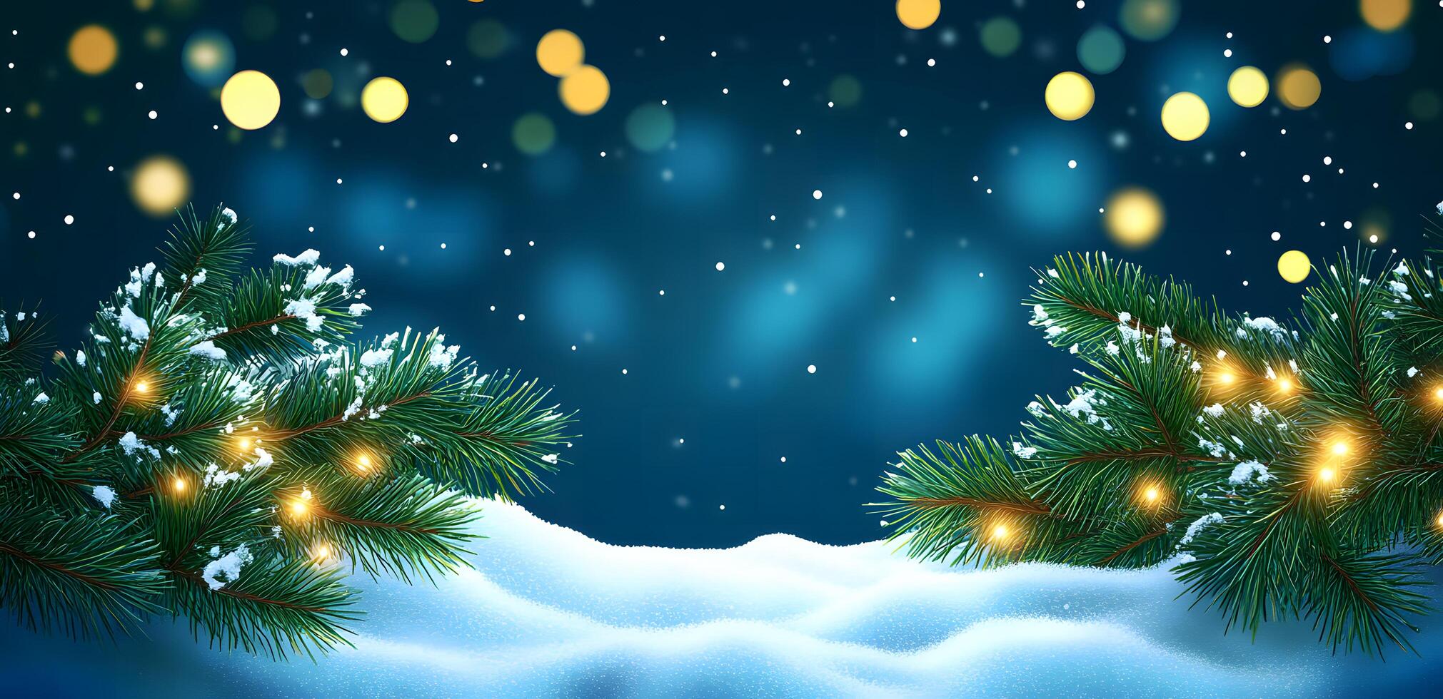 Illuminated pine boughs covered in snow provide festive border against a magical blue night backdrop photo