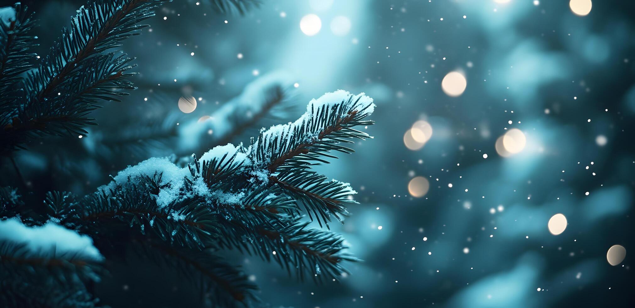 Snow lightly dusts blue spruce branches amid soft, bokeh lights creating a winter scene photo