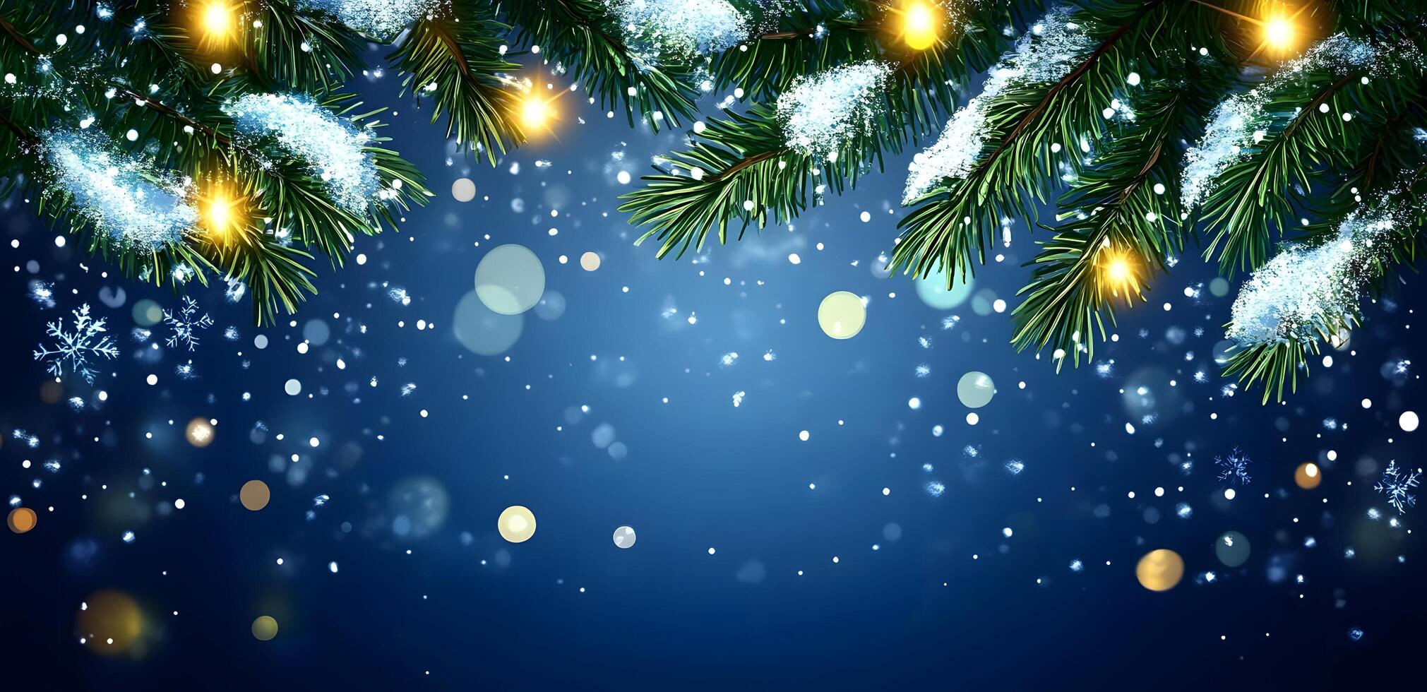 Snow gently dusts pine boughs as festive lights glow against a gradient blue backdrop photo