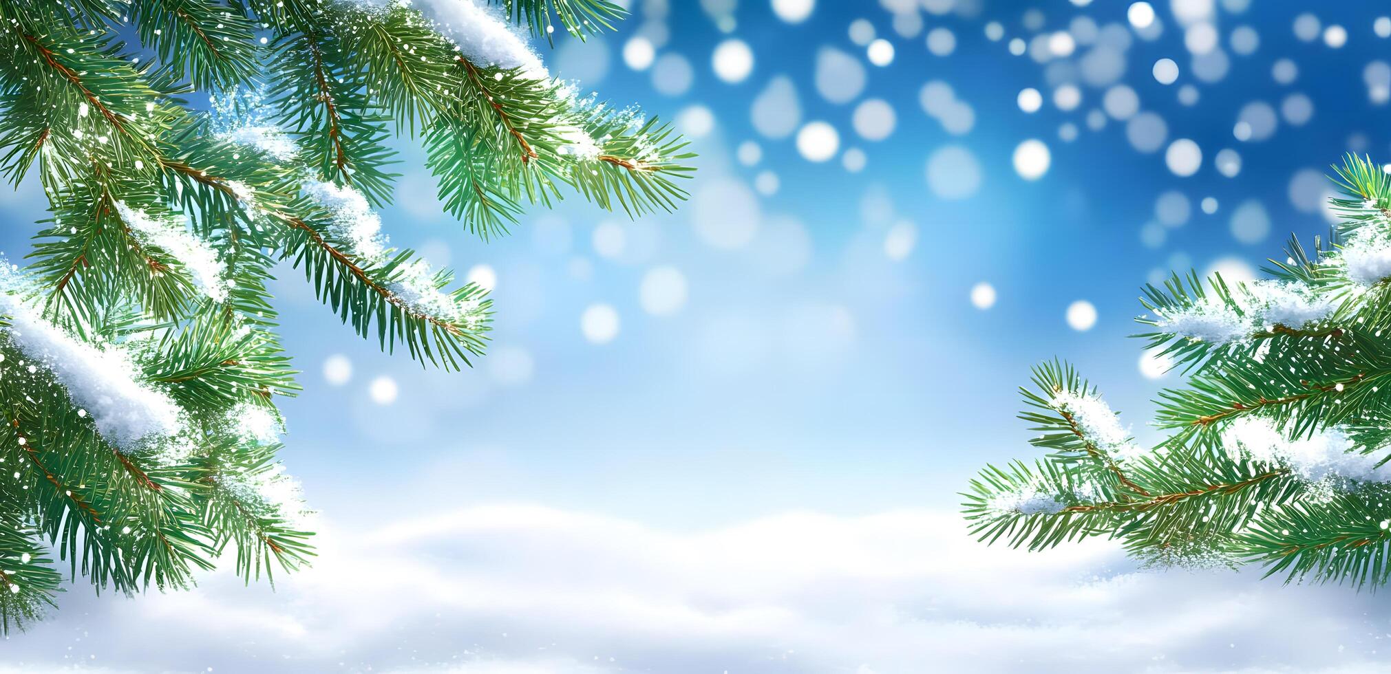 Evergreen branches adorned with snow create a winter background with a blue bokeh effect photo