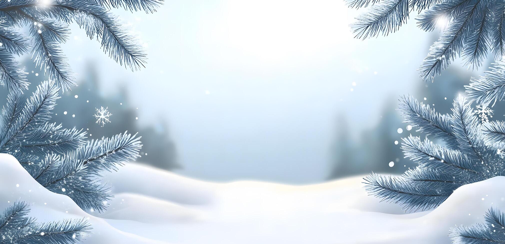 Frozen pine branches elegantly frame a bright winter landscape filled with pristine snowdrifts photo