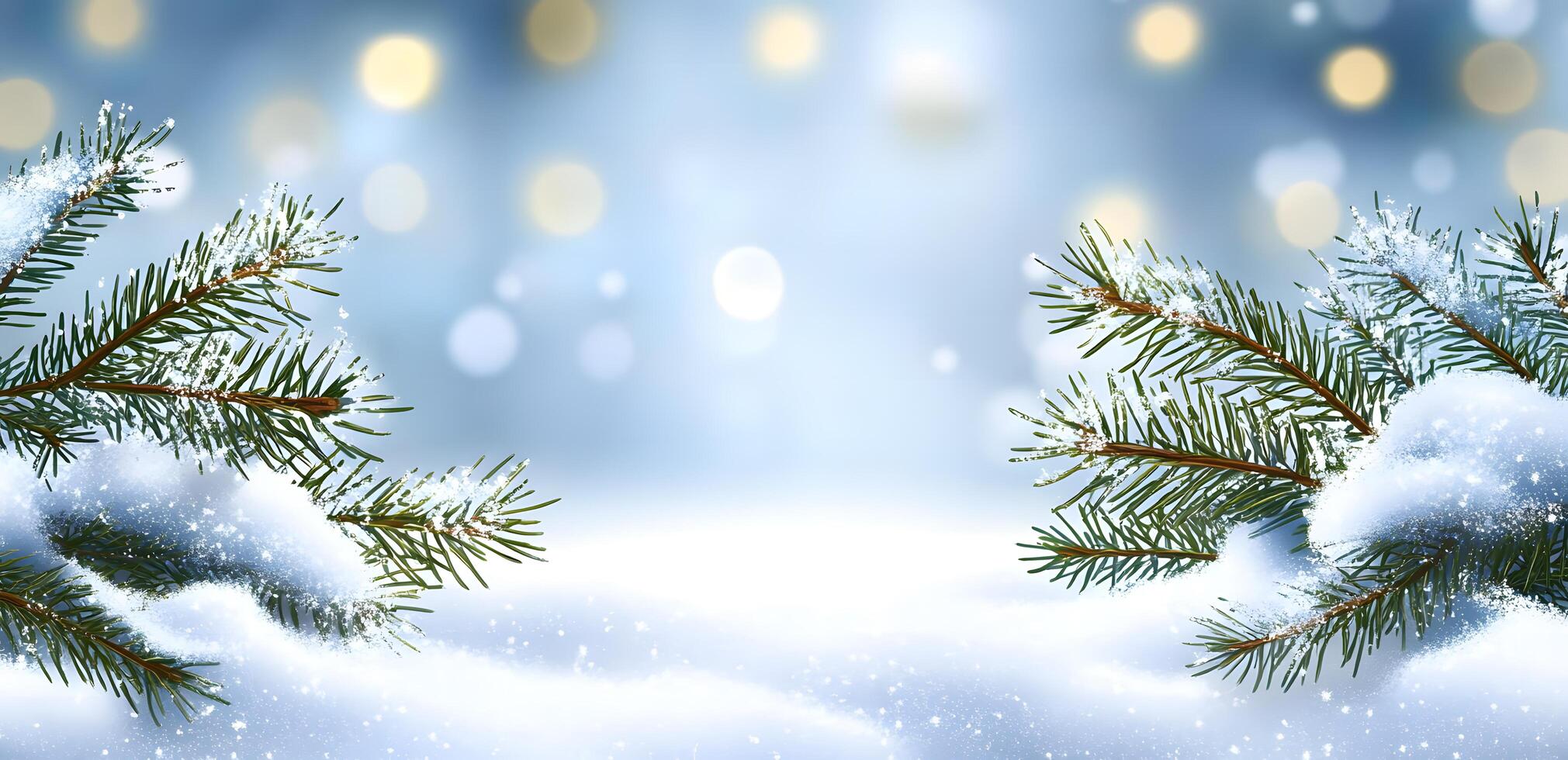 Snowy pine branches frame a softly lit winter backdrop creating festive atmosphere photo