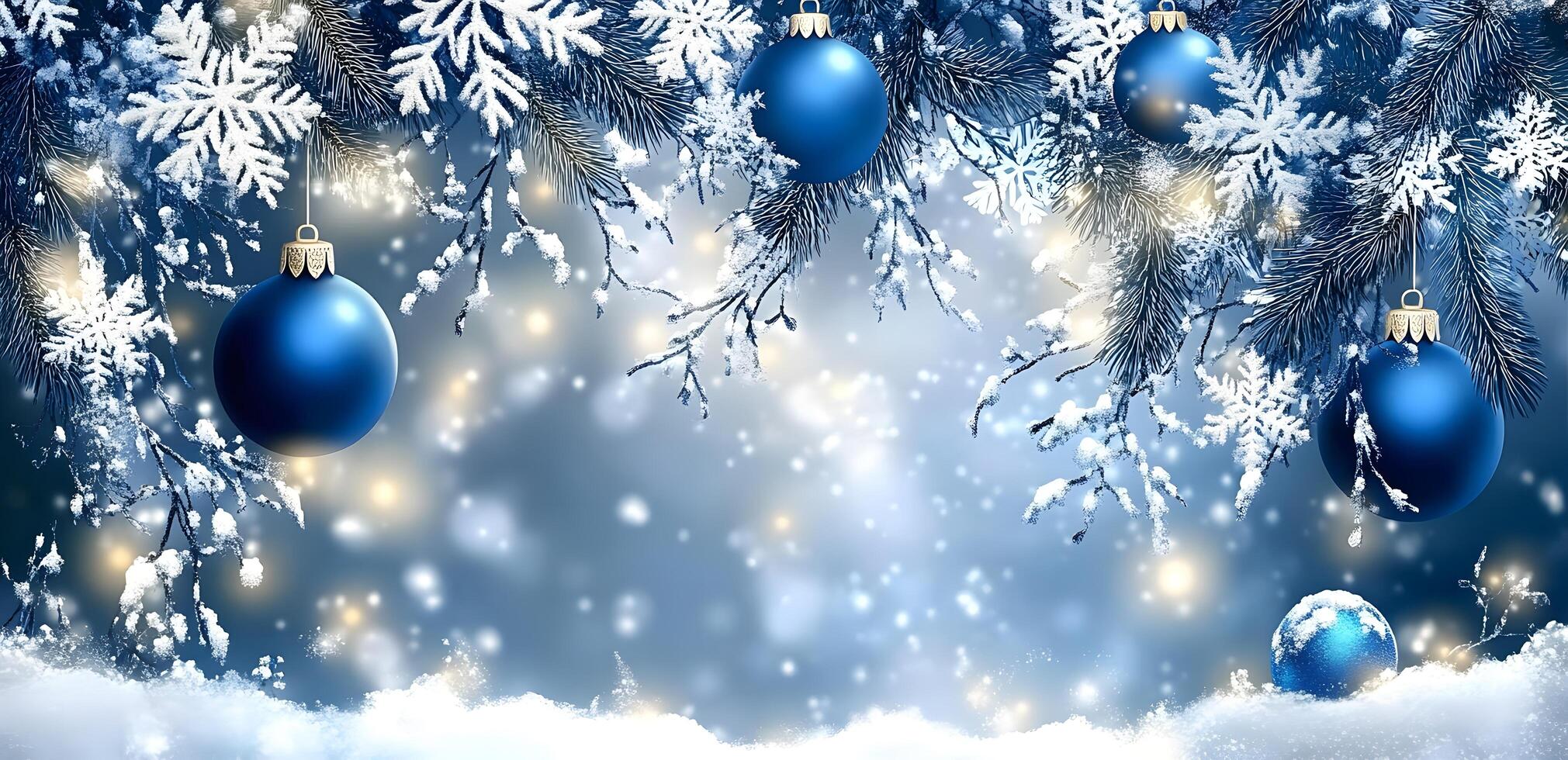 Glistening blue ornaments hang from snowy branches and snowflakes with a frosty winter background photo
