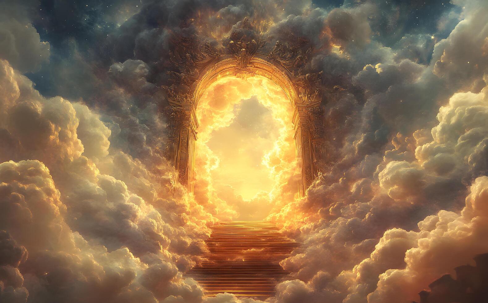 Ornate golden gate frames a stairway to luminous clouds and sky above photo