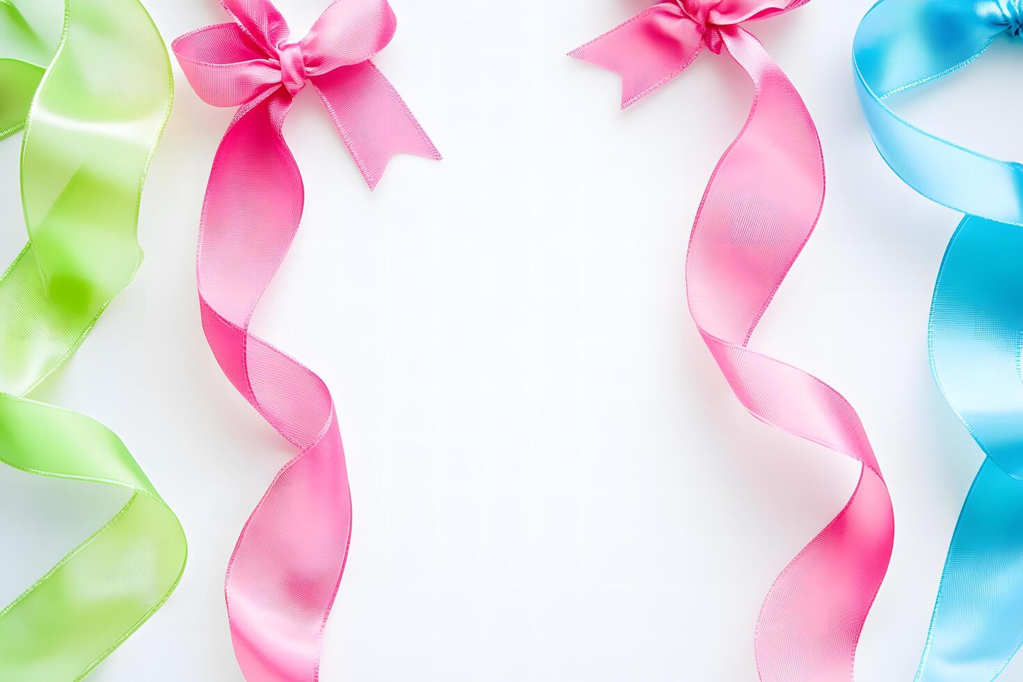 Colorful ribbons with bows create a vibrant border against the clean white background photo