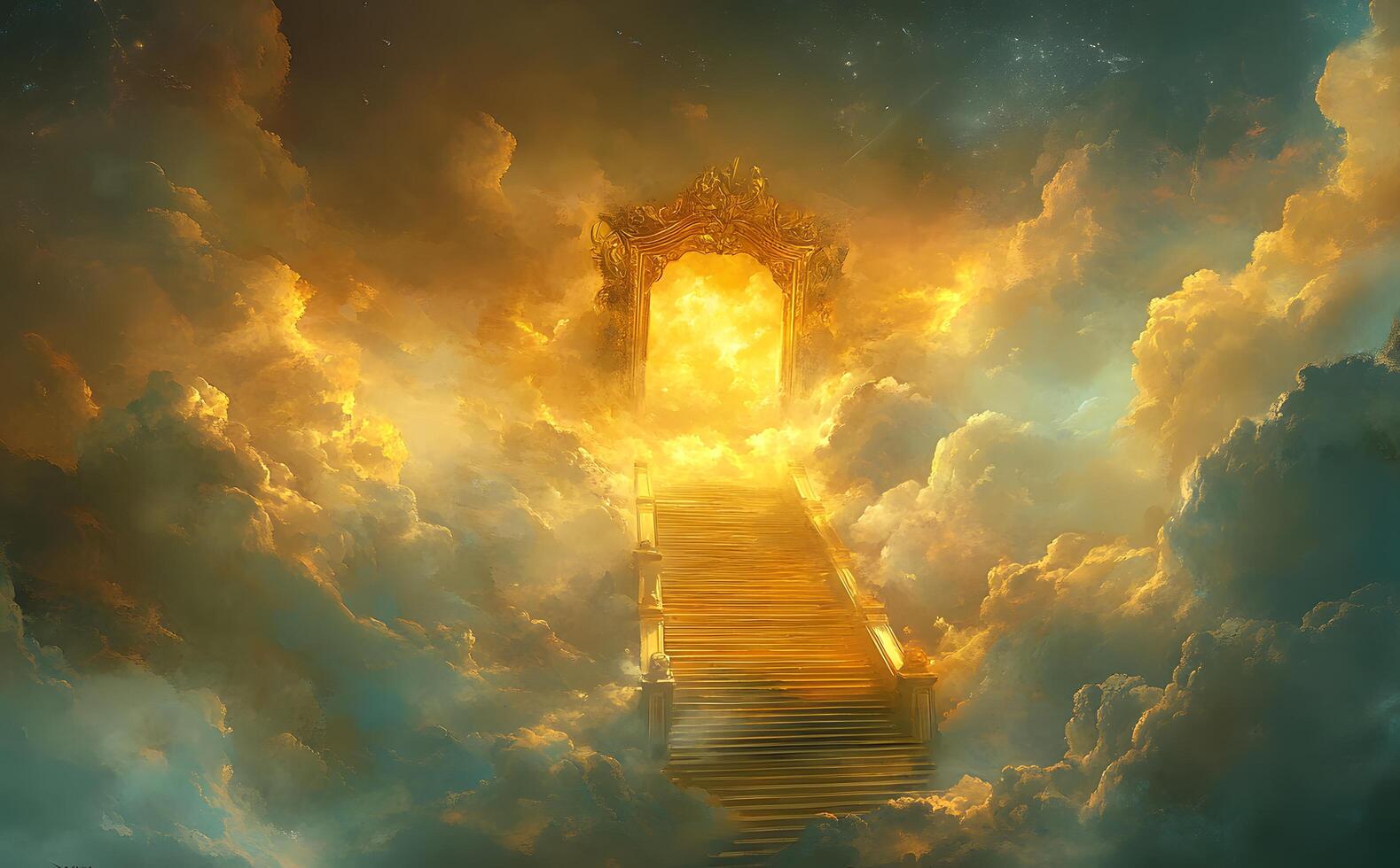 A stairway to the doorway of heaven surrounded by glowing clouds extends upward photo