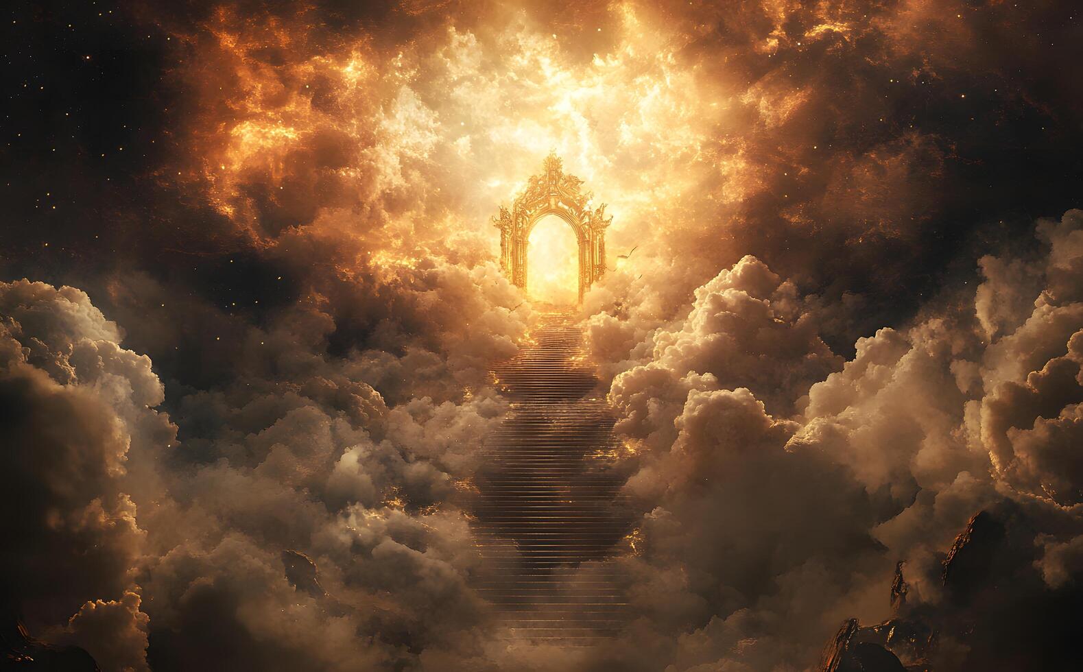 Stairway extends through golden clouds towards a luminous ornate gate, evoking celestial wonder photo