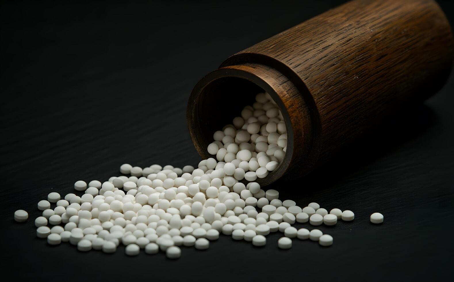 Wood container releases white homeopathic pills onto a textured dark surface in a close up photo