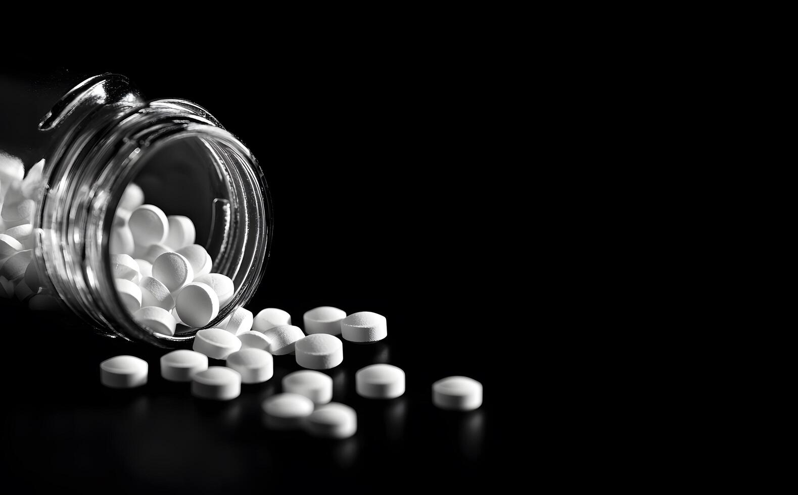 Clear glass jar spills white round pills onto the stark black background in monochrome photo