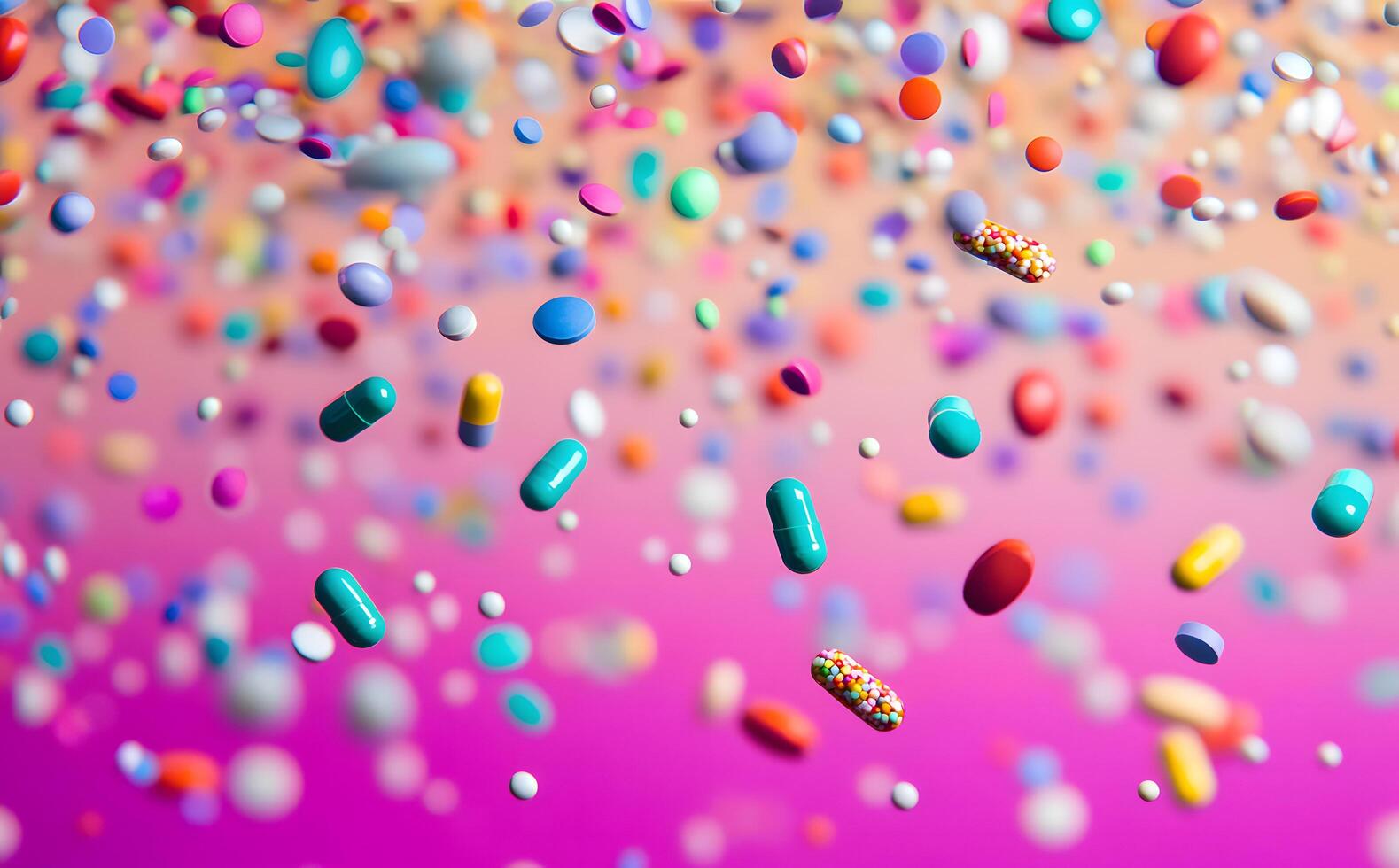 A myriad of colorful medicine pills and tablets are falling against a vibrant gradient backdrop photo