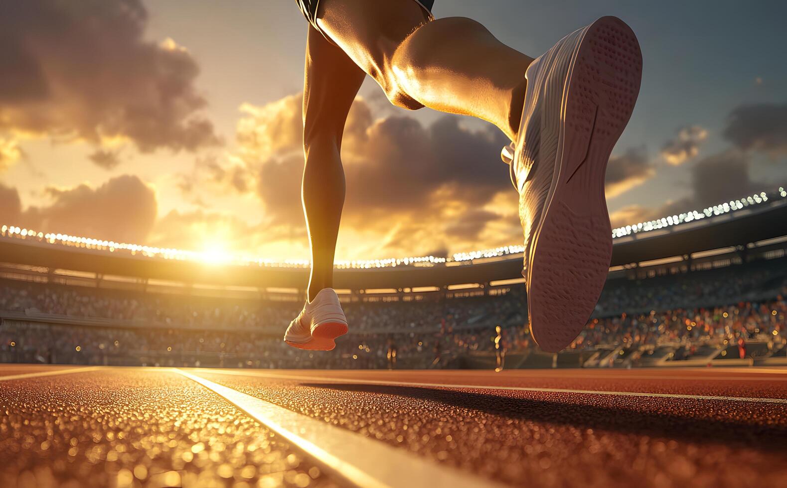 Focused runner sprints forward with determination on stadium track during a bright sunset scenery photo