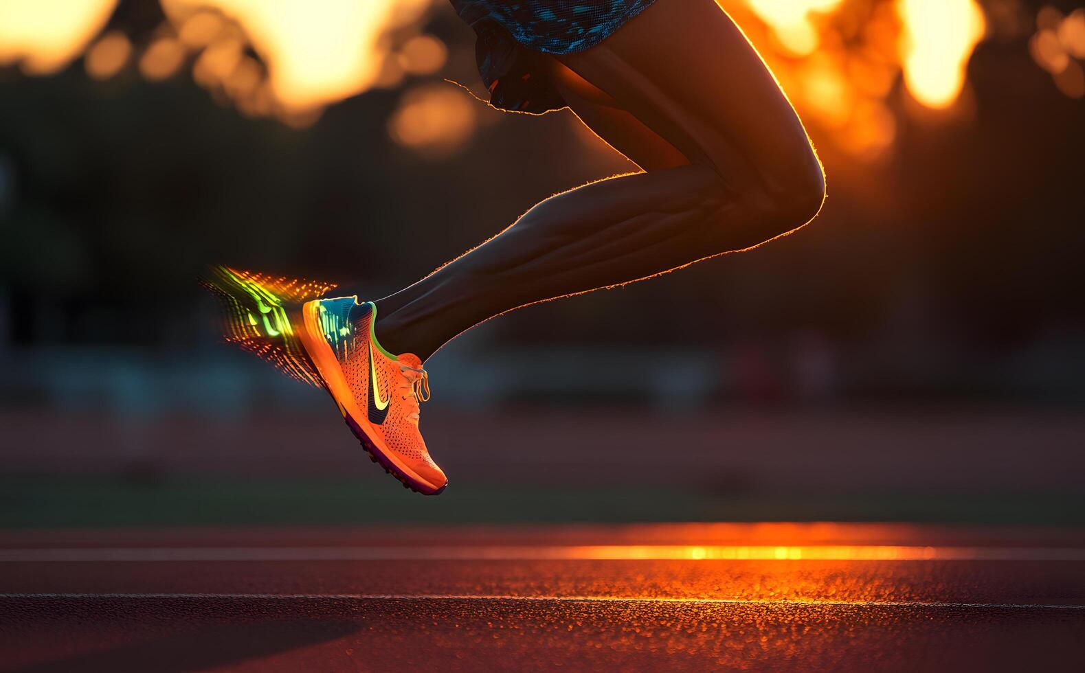 Athlete's leg moves powerfully on the track, showing the heel of a bright running shoe photo