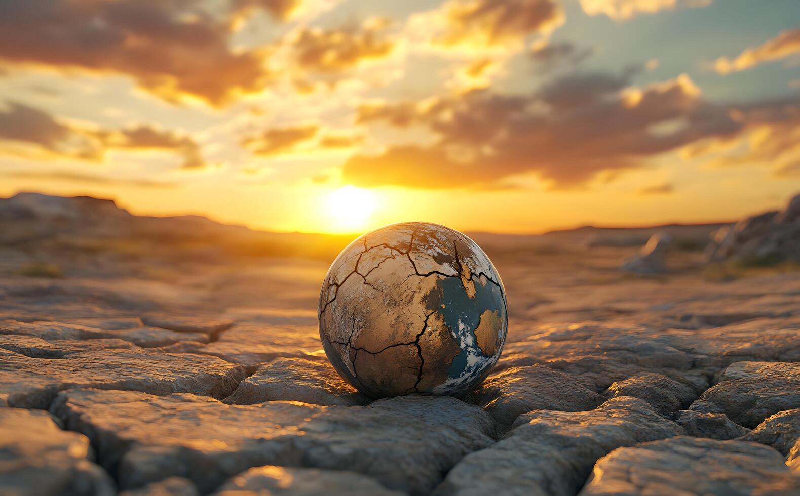 Cracked Earth globe rests on parched land under a vibrant golden sunset, symbolizing ecological crises photo