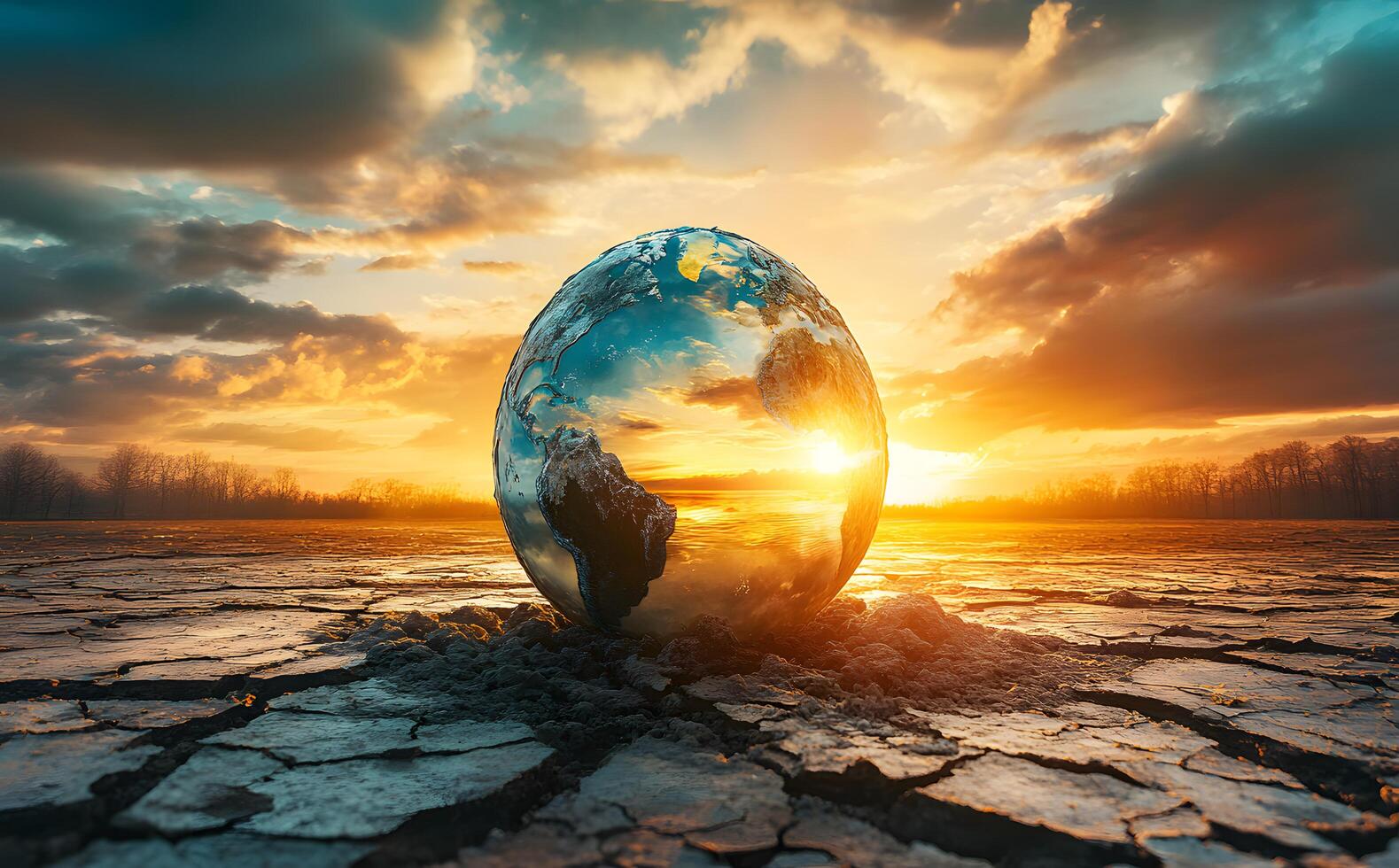 Globe rests on cracked dry earth reflecting sunset colors and sky on its surface photo