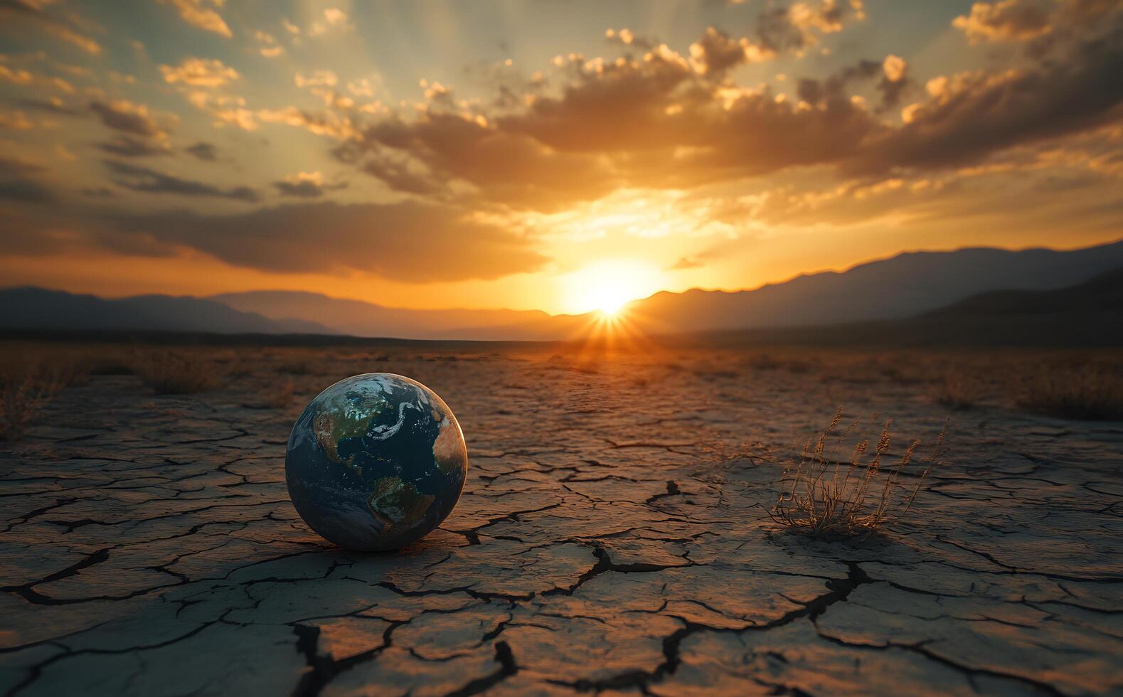 Earth globe rests on parched land before vivid sunset with mountains in distance photo