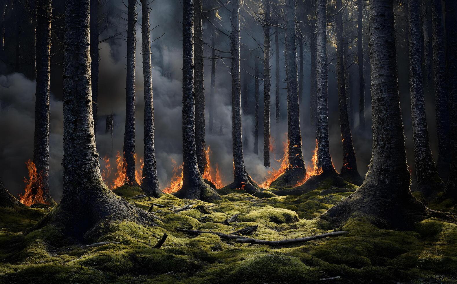 Wildfire is engulfing the darkened trunks of trees within a lush mossy forest photo