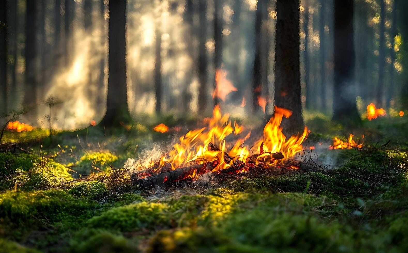 A blazing bonfire emits smoke and fire between dark trees growing in a forest photo