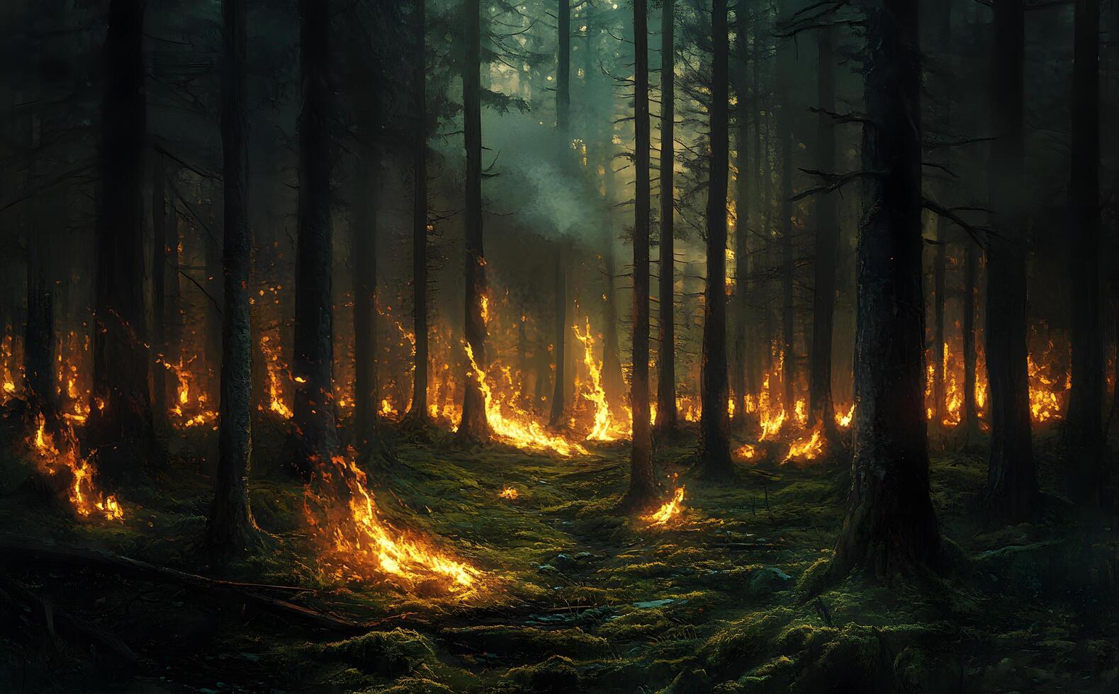 A forest is burning with flames consuming the mossy ground during a wildfire photo