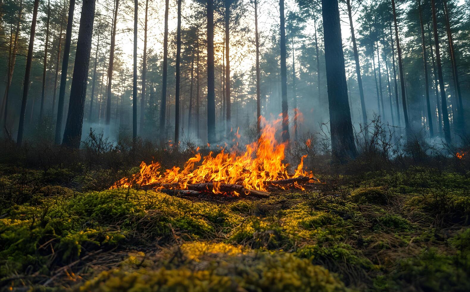 Intense flames burn brightly on mossy ground among towering pine trees in sunlit forest photo