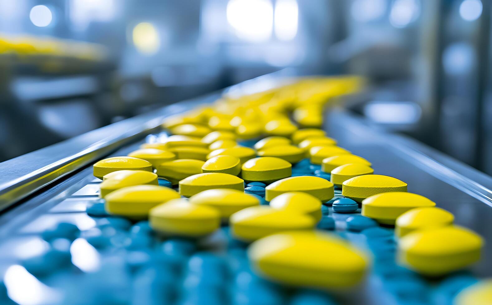 Rows of yellow and blue pills are sorted on conveyor at the factory photo