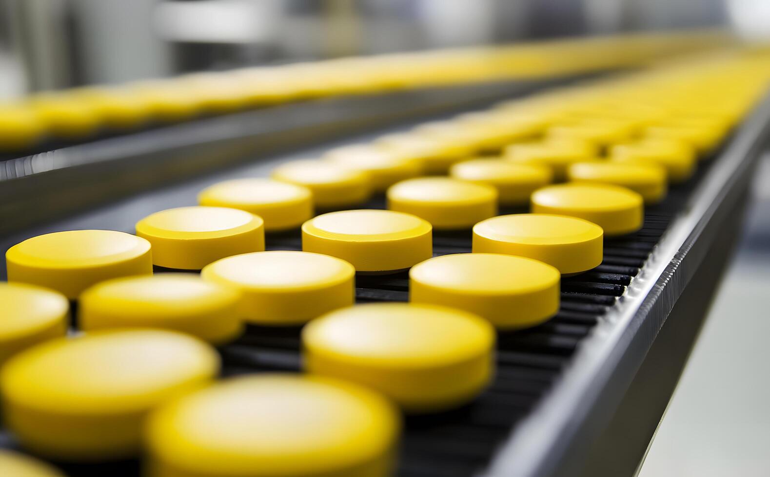 Rows of vibrant yellow circular tablets move along a dark conveyor belt within a facility photo