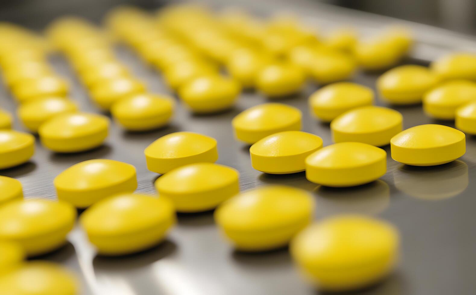 Rows of yellow oval pills arranged tightly on a gray, reflective surface extend into distance photo