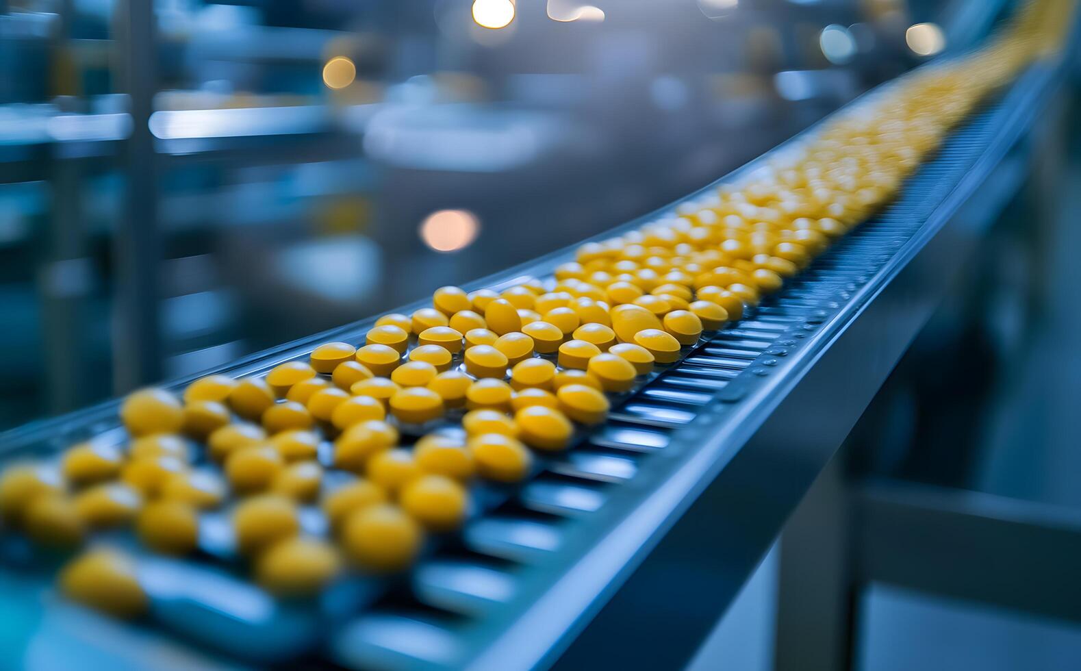 Bright yellow tablets move steadily on a blue conveyor belt in a factory setting photo