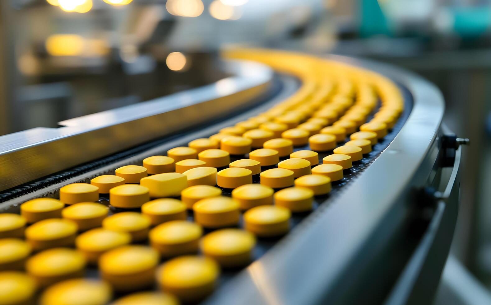 Yellow pills move swiftly along a conveyor in a precise automated pharmaceutical manufacturing process photo