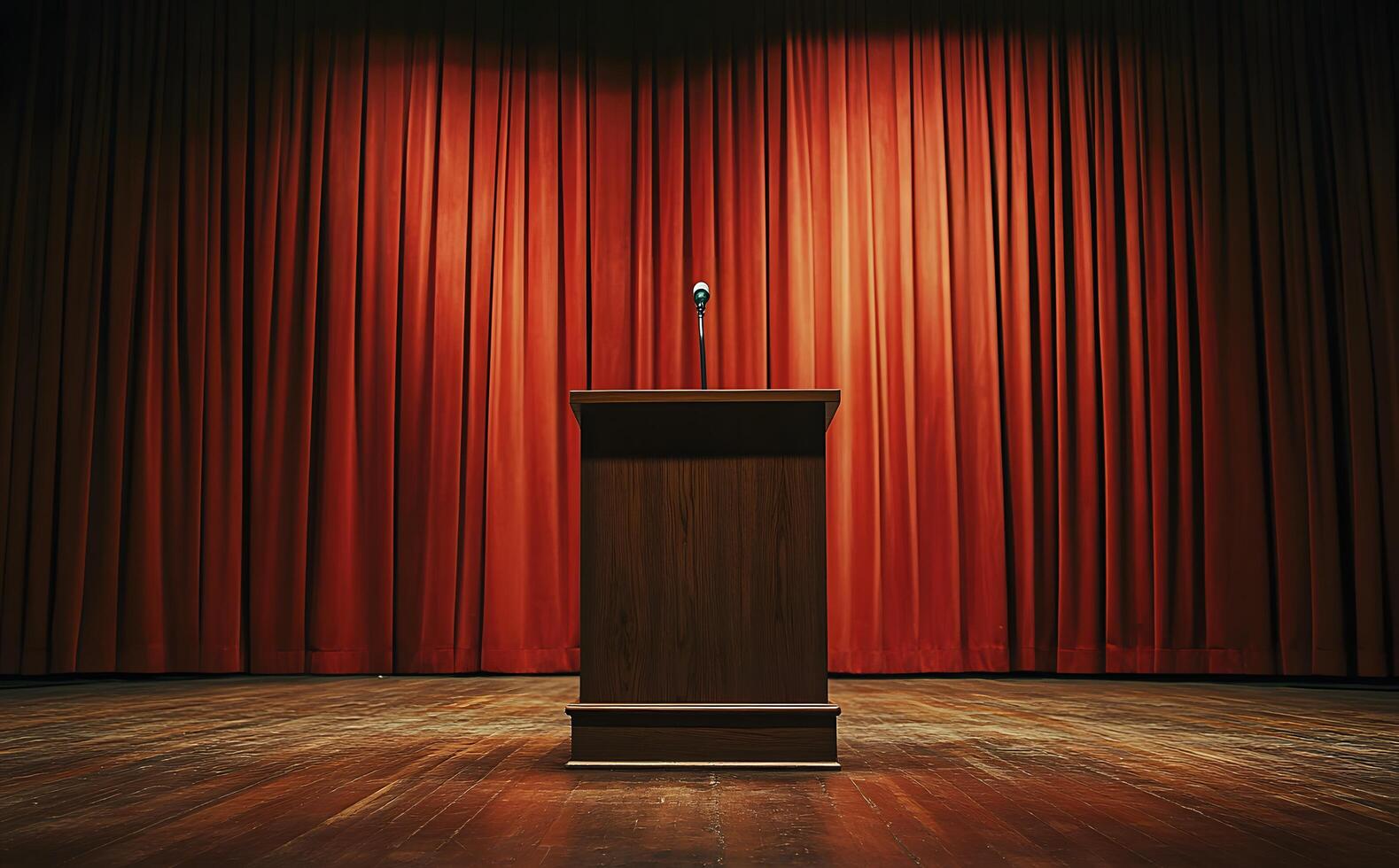 An empty wooden podium stands illuminated on a stage with a red curtain backdrop photo