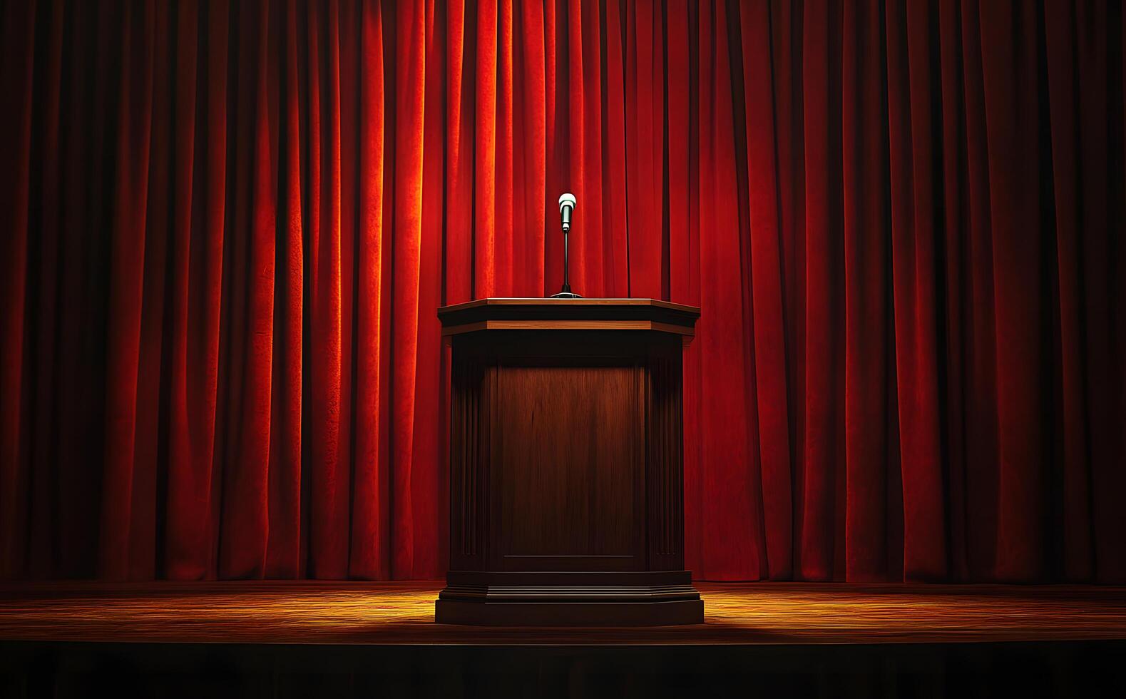Stage features a wooden podium with a microphone set against flowing red velvet curtains photo